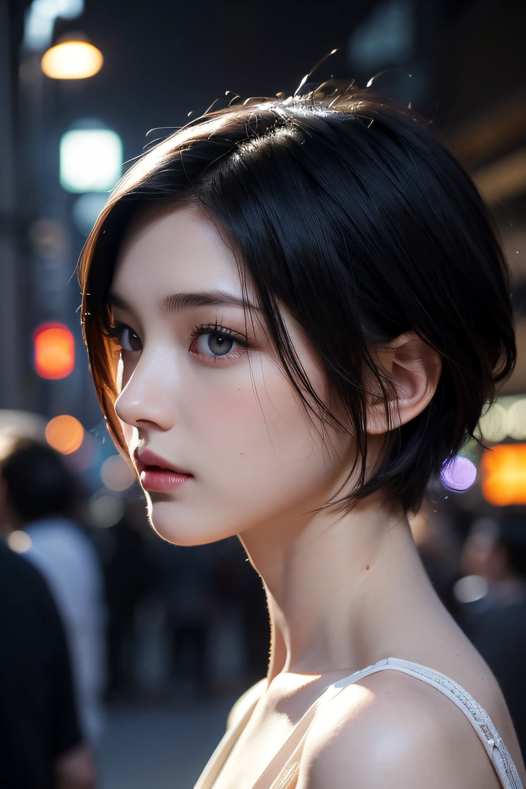 masutepiece, Best Quality, Miranda, (half - body shot,streetlights,Moon),masutepiece, 1girl in, solo exhibition, Beautiful woman on a busy street, Surrounded by peddlers, Portrait of a beautiful goddess girl, beautiful and detailed face, Porcelain Skin, (((bustshot, Center, Night, Black hair, Short hair)), Ultra-soft lighting, symmetry, Complexity, Elegance, high detailing, Realism, Art Book, Concept art,