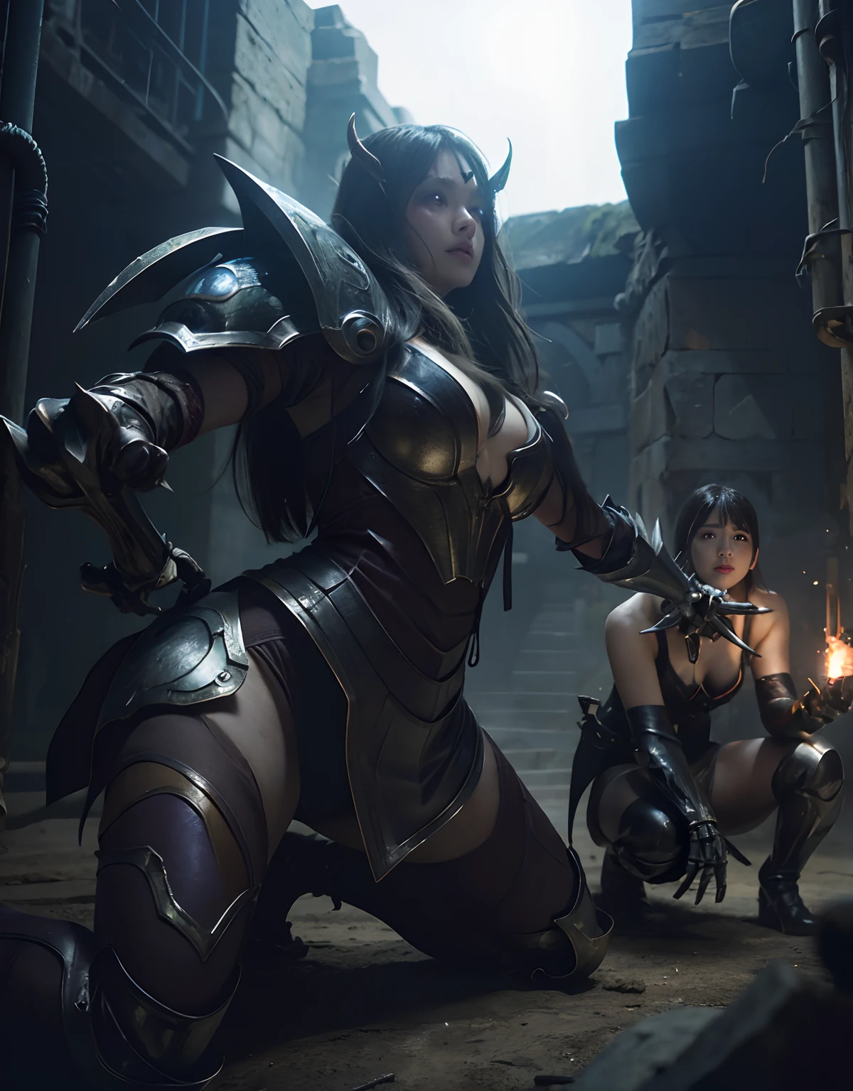 (One Knight Girl)、top-quality、masterpiece、超A high resolution、(Photorealsitic:1.4)、Raw photo、1人、(demon armor)、(Wear the Dark Knight's Armor)、glowy skin、(((Dark Fantasy)))、With a beautiful sword and shield、(Black Metal Bodysuit)、(Fight goblins、ogre、Fierce battle with orcs),(Fight fiercely against aliens)、Fight fiercely、(Skeleton collective background),(Background of decaying dungeon ruins)、(Skeleton helmet)、(Fighting Demonic Beasts)、(Small LED)、((super realistic details))、portlate、(Strong giant demon beast background),globalillumination、Shadow、octan render、8K、ultrasharp、Colossal tits、Raw skin is exposed in cleavage、metals、Details of complex ornaments、Japan details、highly intricate detail、Realistic light、(Mystical expression),CGSoation Trends、Red Eyes、radiant eyes、Facing the camera、neon details、(Mechanical limbs)、(blood vessels connected to tubes)、()、Gundam、Small LED、Toostock、(Fight aliens on another planet)、(Attack of the Monster Beasts)、(Wounded in a deadly battle)、