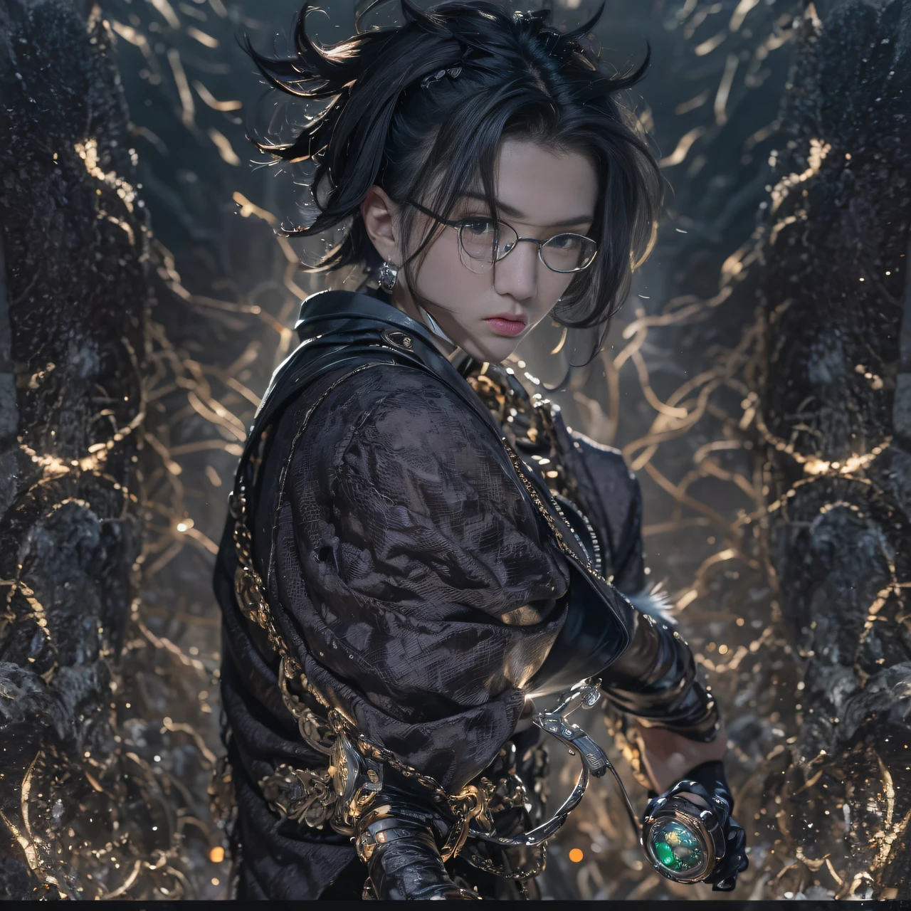 (asterpiece, Best quality), 1girll, Black hair, Wearing gold wire glasses, Cyberpunk, Solo, waist-high, Sexy appearance,Trailer poster effect(The scene of the explosion)My eyes were full of confusion,He clenched his fists,Rush up,Deliver a fatal blow to your opponent,full bodyesbian,Full Body Male Mage 32K(tmasterpiece,k hd,hyper HD,32K)Flowing black hair,The camp is disorganized,zydink, a color, patriot (Ruins), (Linen batik scarf), Angry fighting stance, looking at the ground, Batik linen bandana, Chinese python pattern long-sleeved garment, (Abstract propylene splash:1.2), Dark clouds lightning background,Flour flies(realisticlying:1.4),Black color hair,Flour fluttering,Background fog, A high resolution, the detail, RAW photogr, Sharp Re, Nikon D850 Film Stock Photo by Jefferies Lee 4 Kodak Portra 400 Camera F1.6 shots, Rich colors, ultra-realistic vivid textures, Dramatic lighting, Unreal Engine Art Station Trend, cinestir 800,Flowing black hair,(((Platinum Mage))),The male mage was furious,Trailer poster effect,Xiaoyi、Mu Ling、Autumn lotus、with a cold、Kazumi、Dai Yun、Yajing、Mengjie、Ling Wei、Midland、Panhai、Yan Ying、Security forces、Aim for、Zhou Nan、Autumn butterflies、Qianyi、anjou、Shi Rui、Mountain geese、Youling、Incense、Xiaolan、White glow、Jade Mountain、Cold shock、Autumn Cui、Summer Willow、As it is、yinan、Shuyi、Emerald peach、Send Yao、romatic、Ask Willow、Phantom peach、, Mengyao、Kexin、Siqi、jiayi、wanting、Yajing、Yuwei、YU Yan、Perran、Shin-yeon、Mengjie、Lizzy、Jingwen、Yuechan、Changxi、Midland、wanting、Xue Xian、Yajing、Huixi、mano、YU Yan、Sang Yu