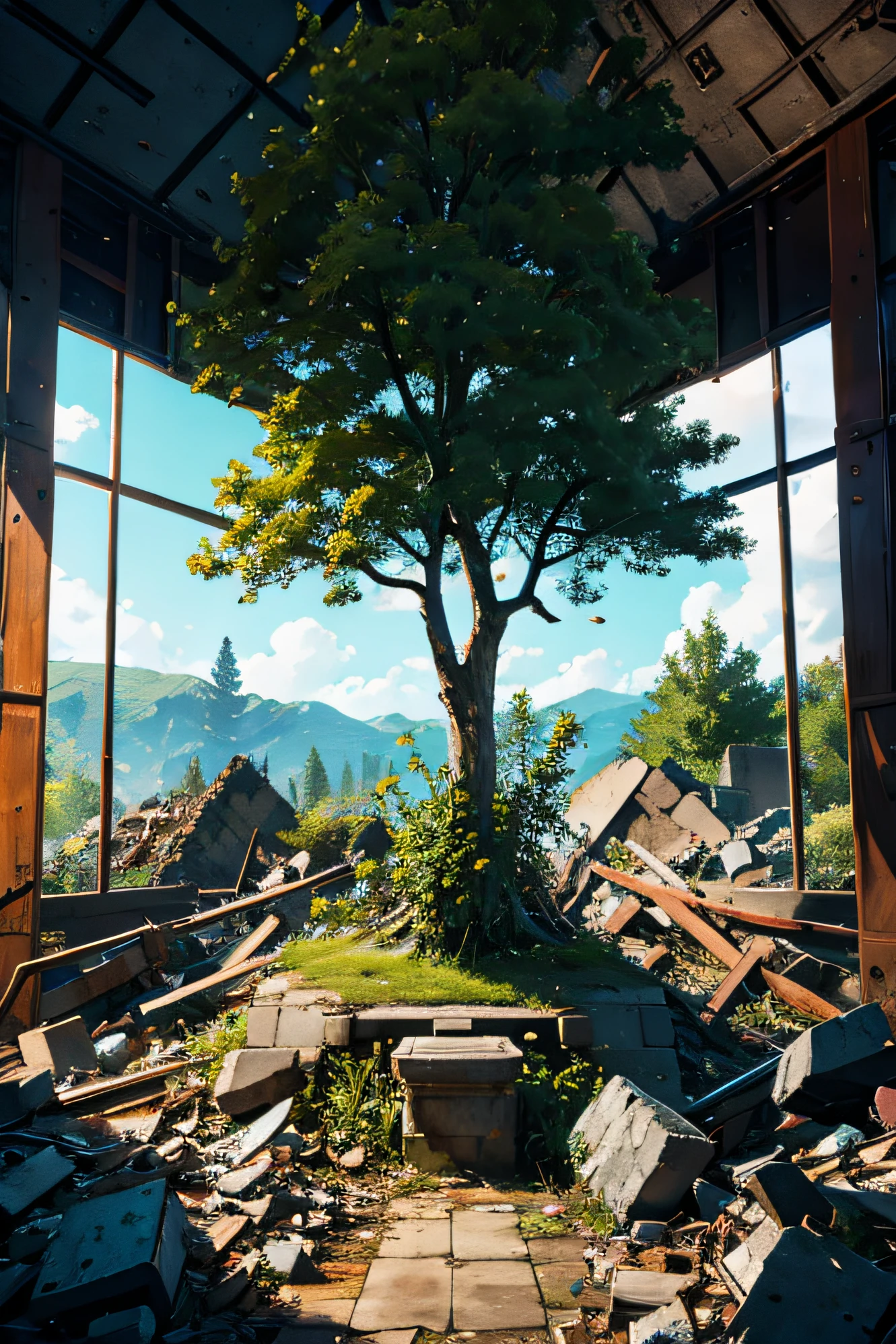 A tree grows in the rubble