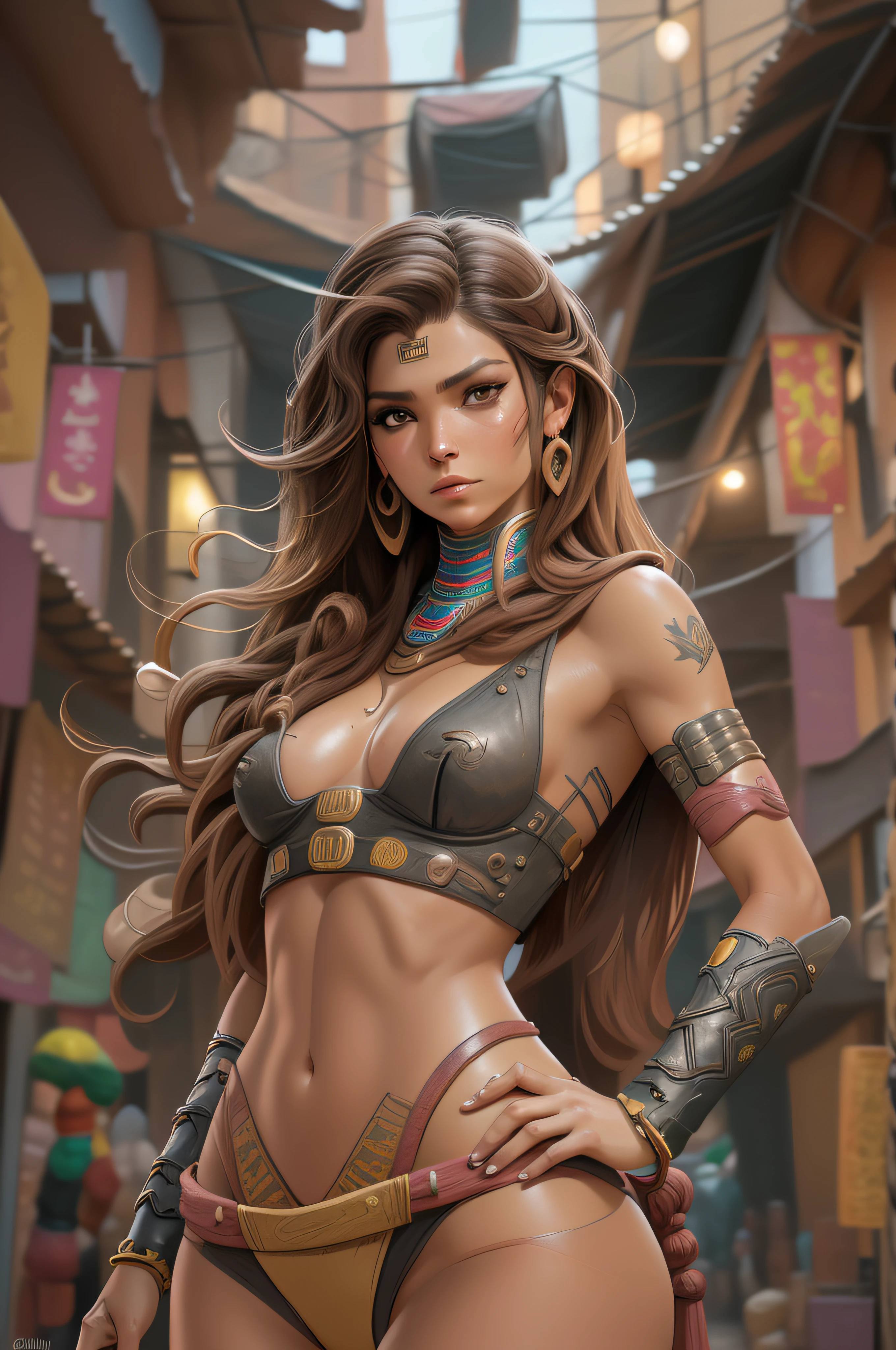 Obra maestra, A beautiful Amazonian woman with dark brown hair, ((Zendaya: Michelle Pfeiffer:0.5)), dressed in a small short loincloth, brown skin, ((senos grandes)), espada samurai, Su rostro se ve caliente como la sangre y exuda deseo sexual., excitado y mojado, con una mirada caliente. (cuerpo perfecto), (Matted red hair), (Peinado largo y rizado), afuera, (textura de la piel:1. 1), (fondo de la ciduad amurallada de noche de Cartagena de Indias, La mejor calidad, Ultra-high resolution, Foto RAW, Nikon D850, Luz de fondo, Luz desnatada, luz solar brillante, Film grain:1.2, (warm hue, warm hue:1.2), (Foto en color), Futuristic fantasy Egyptian city in the background.