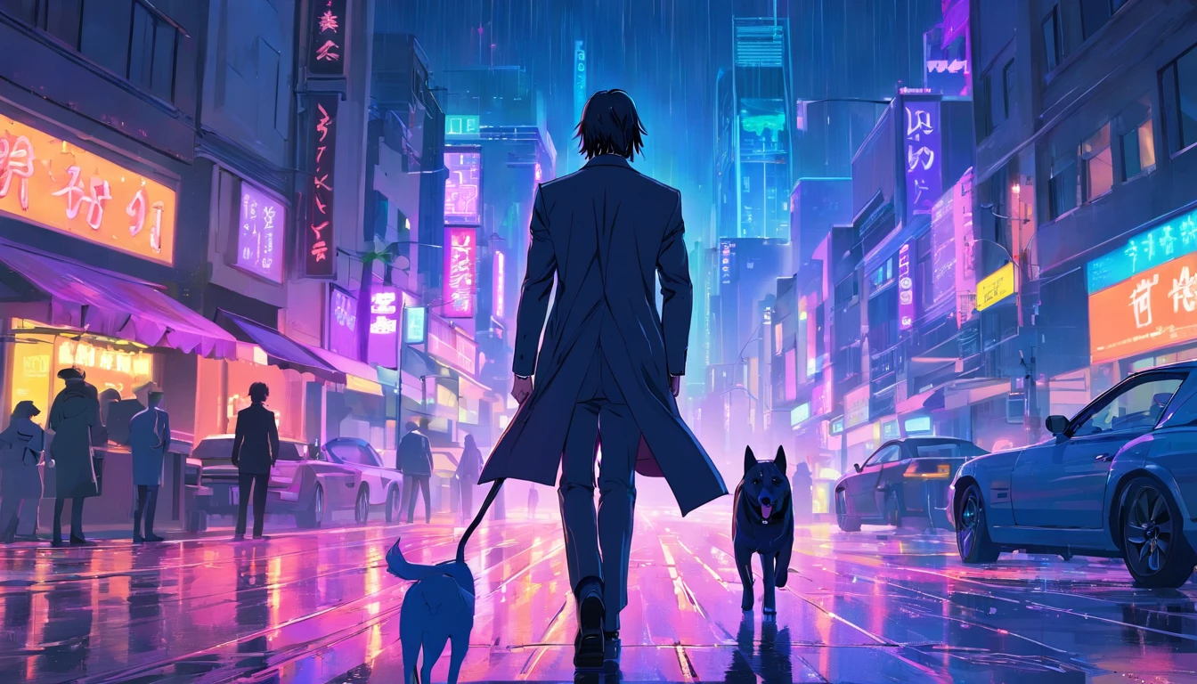 John Wick ran in the rain with it, Black suit, City, Neon lights, Night.