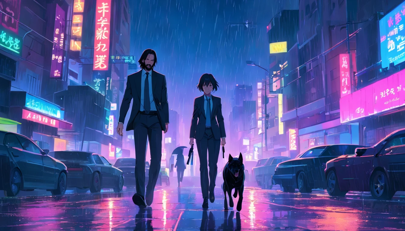 Back view of a couple in suits walking hand in hand through a love hotel district at night、The woman is wearing a skirt suit and has long, black hair.