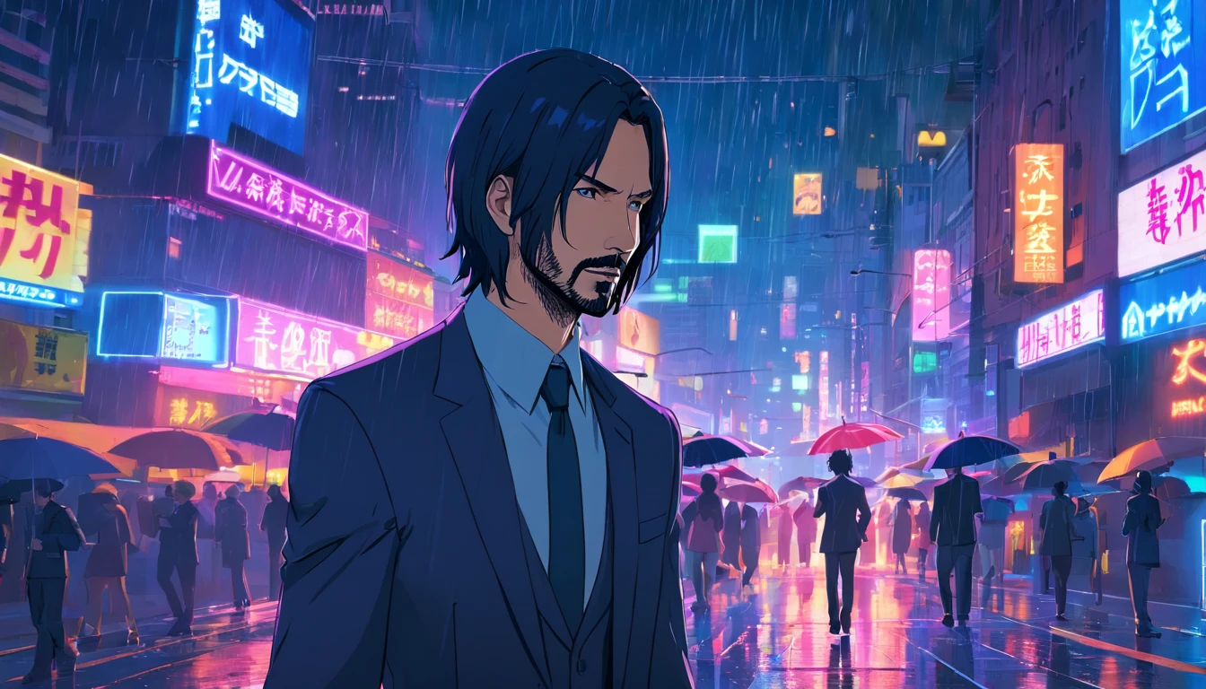 John Wick ran in the rain with it, Black suit, City, Neon lights, Night.