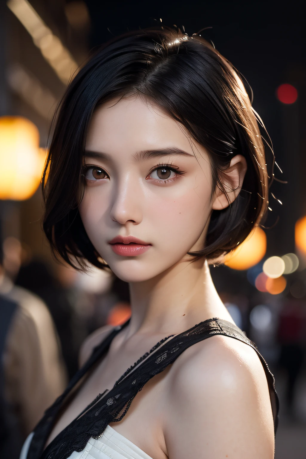 masutepiece, Best Quality, Miranda, (half - body shot,streetlights,Moon),masutepiece, 1girl in, solo exhibition, Beautiful woman on a busy street, Surrounded by peddlers, Portrait of a beautiful goddess girl, beautiful and detailed face, Porcelain Skin, (((bustshot, Center, Night, Black hair, Short hair)), Ultra-soft lighting, symmetry, Complexity, Elegance, high detailing, Realism, Art Book, Concept art,
