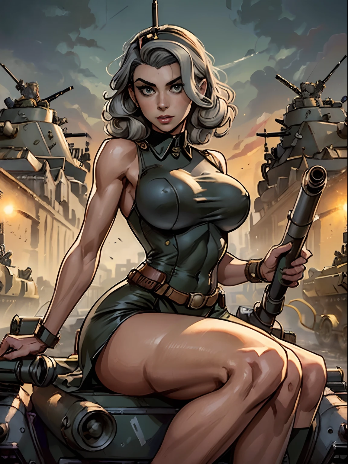 (masterpiece, top quality, best quality, official art, beautiful and aesthetic:1.2), (1girl:1.3), (gray hair victory curls), vintage 1940's American hairstyle, extremely detailed, portrait, looking at viewer, solo, (full body:0.6), detailed background, close up, vintage makeup, retro style, (warm summer military base theme:1.1), pinup girl, elegant face, long face, charlatan, smirk, mysterious, posing on top of a tank, ((riding the gun, barrel of the tank between her legs)), (((sitting on top of the gun barrel))), (((sitting on a missile))), (((straddling the barrel of the tank))), patriotic costume, high heels, legs, M4 Sherman tank, WWII tank, armored version vehicle,, (((( medium, breast )))), toned, slim waist, slim hips, long legs, muscular legs, historical (WW2 army base exterior:1.1) background, dark mysterious lighting, shadows, magical atmosphere, dutch angle