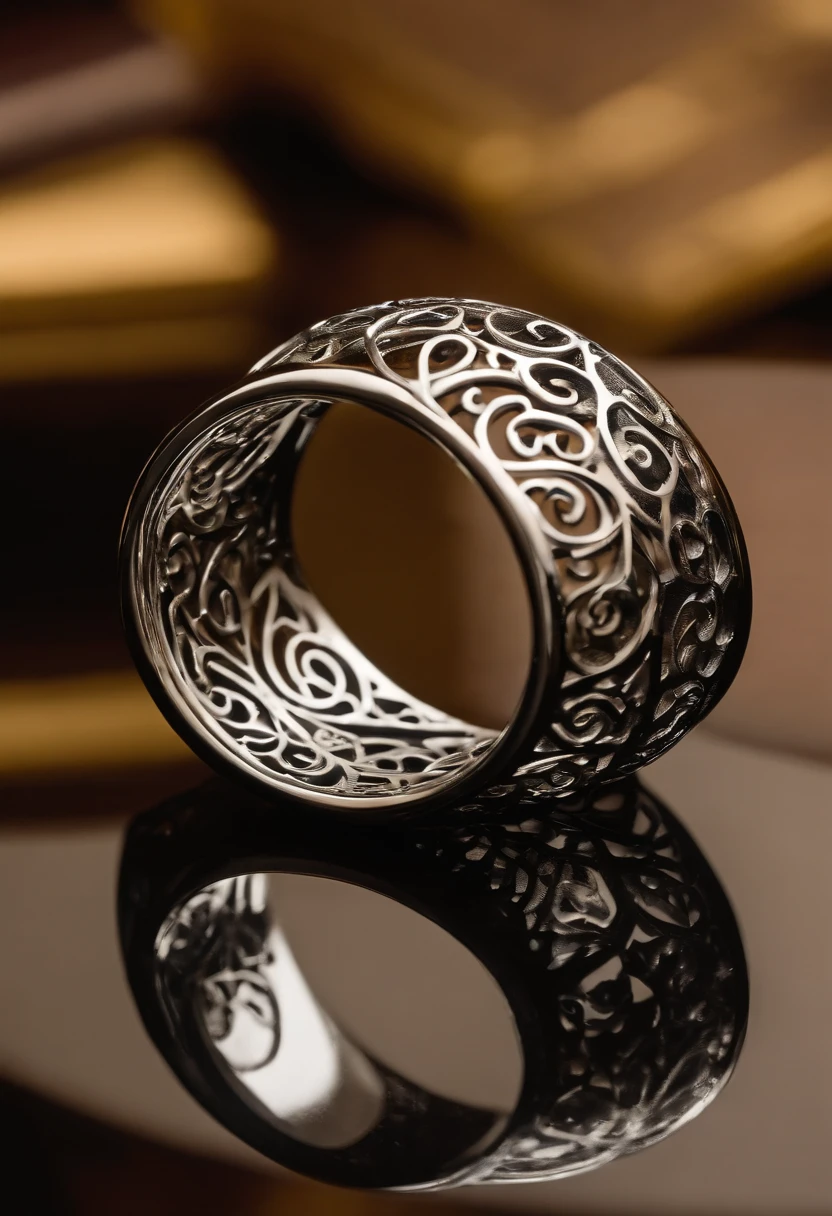 Metallic ring),hyper photorealism,Alexander Calder(r,macro shot,Reflex lens,spotlight,lord of the ring,Reflection,Openwork engraving,