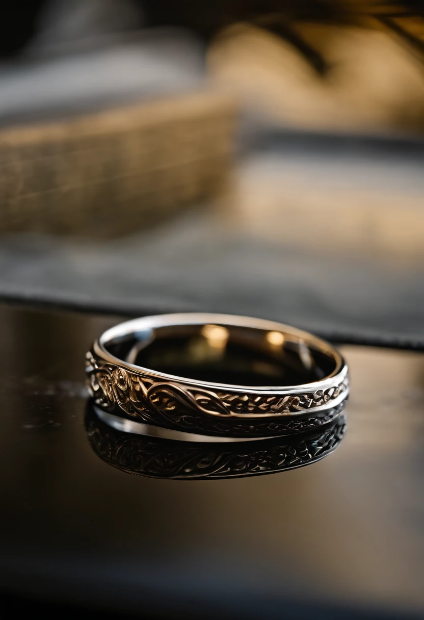 Metal rings），hyper photorealism，Alexander Calder（r，macro shot，reflective lens，spotlight，lord of the ring，Reflection，Openwork engraving，Luxury photography，Local close-up，inverted image