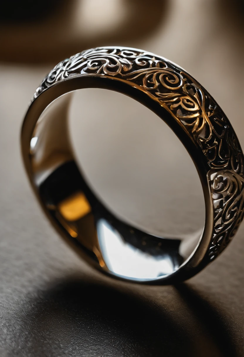 Metal rings），hyper photorealism，Alexander Calder（r，macro shot，reflective lens，spotlight，lord of the ring，Reflection，Openwork engraving，Luxury photography，Local close-up，inverted image