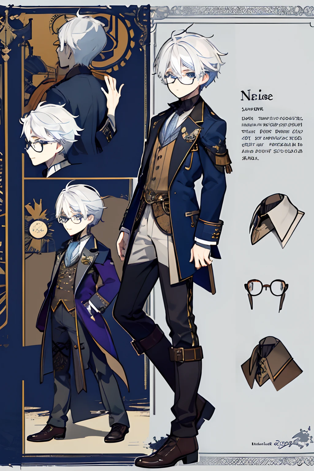 1boy , reference sheet, character design, front angle, side angle, rear angle, dynamic poses, (masterpiece:1.2), (best quality:1.3), royalty outfit, old dusty, steampunk aesthetic, old 40s jumper outfit, diesel punk getup. athletic body. (blue eyes), (short hair), (long bangs), (white hair), (pale skin), (glasses)