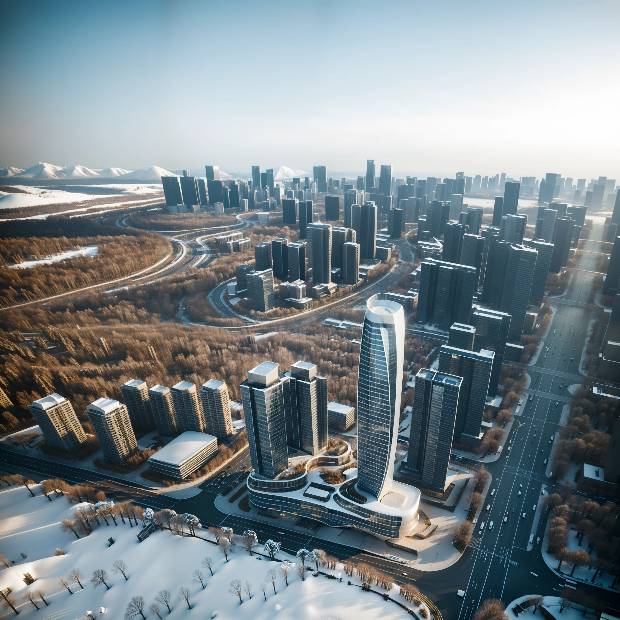 archiaerialview, architecture, morning, day, snow, line, curve, masterpiece,best quality,super detailed,realistic,photorealistic, 8k, sharp focus,
a photo of a building