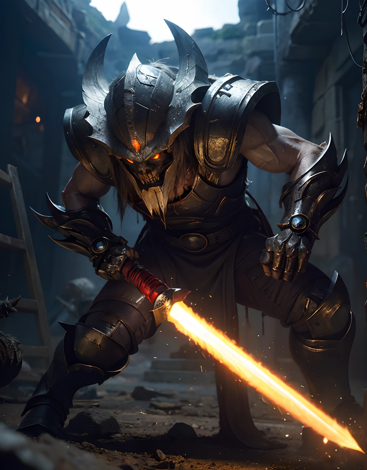 (One Knight Girl)、top-quality、masterpiece、超A high resolution、(Photorealsitic:1.4)、Raw photo、1人、(demon armor)、(Wear the Dark Knight's Armor)、glowy skin、(((Dark Fantasy)))、With a beautiful sword and shield、(Black Metal Bodysuit)、(Fight goblins、ogre、Fierce battle with orcs),(Fight fiercely against aliens)、Fight fiercely、(Skeleton collective background),(Background of decaying dungeon ruins)、(Skeleton helmet)、(Fighting Demonic Beasts)、(Small LED)、((super realistic details))、portlate、(Strong giant demon beast background),globalillumination、Shadow、octan render、8K、ultrasharp、Colossal tits、Raw skin is exposed in cleavage、metals、Details of complex ornaments、Japan details、highly intricate detail、Realistic light、(Mystical expression),CGSoation Trends、Red Eyes、radiant eyes、Facing the camera、neon details、(Mechanical limbs)、(blood vessels connected to tubes)、()、Gundam、Small LED、Toostock、(Fight aliens on another planet)、(Attack of the Monster Beasts)、(Wounded in a deadly battle)、