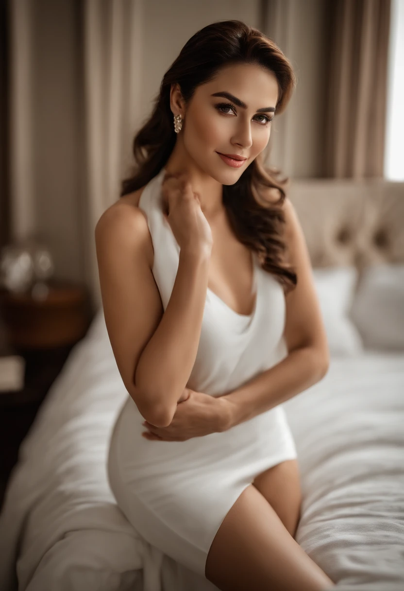 Marian Rivera, 30 years old ,((1 girl)), solamente, ((pecho gigantesco:1.3)), cuerpo delgado, cuerpo alto,beautiful young lady, Nikon Z 85mm, ((La mejor calidad)) ((Obra maestra)), Detalles intrincados, foco nítido, profesional, realista, vida real, Hiperreal, fotorrealista,  Detalle fino, La mejor calidad, fondo de pantalla muy detallado de CG Unity 8k, Ilustraciones perfectas, cuerpo completo, cabello brillante, ojos brillantes, piel brillante, realista, Figura femenina perfecta de reloj de arena, cintura delgada, Wide Buttocks, Mirando al espectador, extremadamente delicado y hermoso, La mejor calidad, Hermosa chica de detalles, Hermoso detalle de ojos, facial lighting, film lighting, perspectiva, revealing buttocks, perfect collarbone, golden ratio face, realistic facial expression, (Detalle exquisito, maquillaje, (Exquisita hermosa cara exquisita, ojos delicados y hermosos, Un rostro con proporciones perfectas, Piel de alto detalle,((Con una mini falda negra ajustada gris sin mangas )), ((linda sonrisa)), ((Collar de diamantes simple)), ((pecho cerrado)), ((Ropa cerrada), ((Ropa educada)), Luxury hotel bedroom,En pie, pies,  dynamic  pose