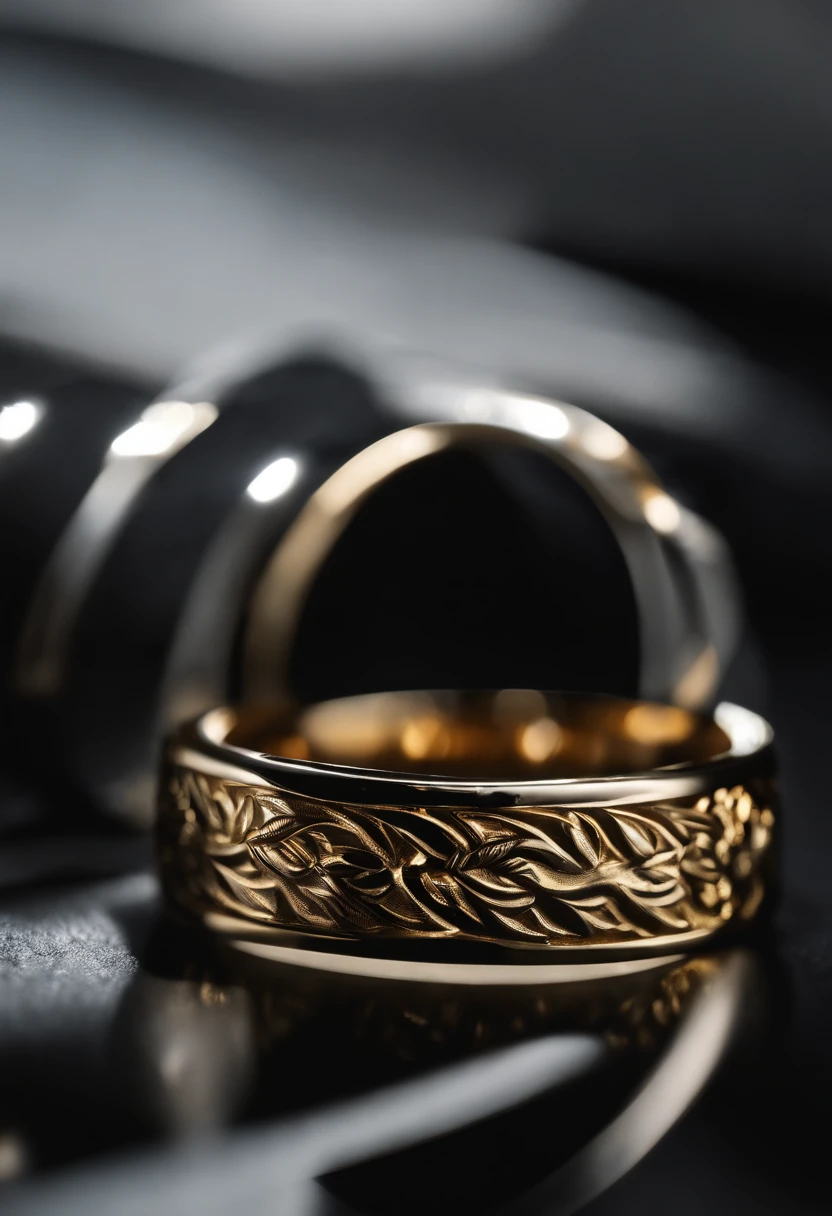 Metal rings),hyper photorealism,Alexander Calder(r,macro shot,reflective lens,spotlight,lord of the ring,Reflection,Openwork engraving,Luxury photography,Local close-up,inverted image
