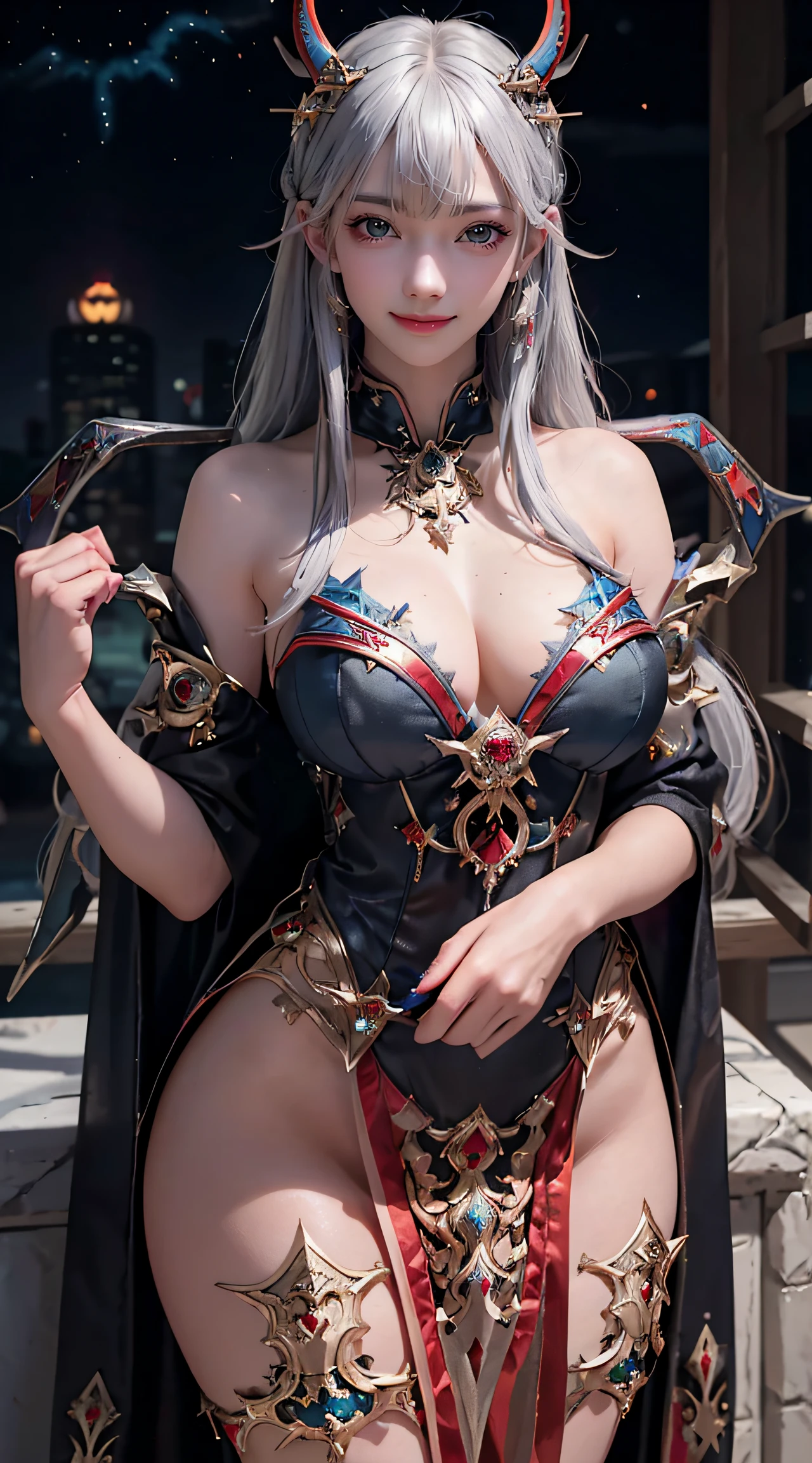 masterpiece, top-quality, top-quality, Beautifully Aesthetic:1.2, 1girl, Halloween night, Wearing a Blue with Silver and Gold devil costume, high detailed, ((Red eyes:1.8)), Standing with hands on waist that sticking out breasts, large breasts, firm breast, nicely shaped breasts, slender figure,
((Gray hair, Red colored inner hair)), wavy hair, (medium long hair:1.2), (asymmetrical bangs:1.2),
in the Halloween party venue at late night, (Cowboy shot:1.1),