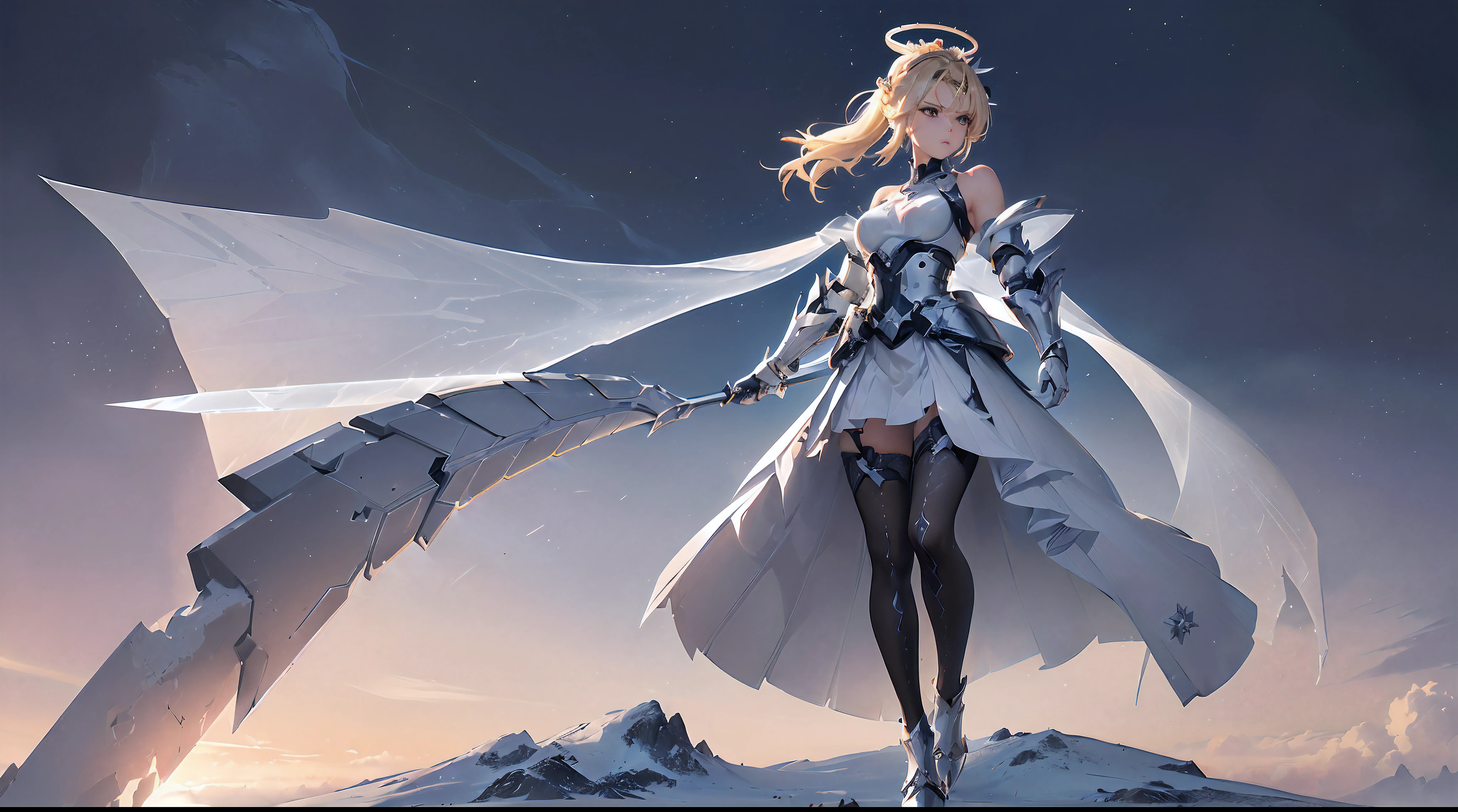 style of anime，Mecha Warlord type，(High-quality characters:1.2)，(4K:1.1)，(Exquisite facial features:1.2)，Glossy face，up-close，(The complexion is very fair:1.3)，(sophisticated haircut:1.2)，(Blonde waist-length hair，Double ponytail hairstyle:1.3)，(Thin leg:1.2)，(Small chest Thin waist:1.2)，(Small breasts:1.2)，(Raised :1:2)，(Adult body type:1:2)，(1个Giant Breast Girl:1.2)，(Shape-shaping textured armor armor:1.3)，(Pleated battle skirt:1.3)，(White textured over-the-knee heeled boots 1.3)，(A long blade of ice hanging from the waist:1.2)，(Long gloves in silver steel texture:1.2)，(Patterned gloves and waist-length stockings:1.3)，(Silver striped wrist and elbow armor and waist armor and shin and knee armor:1.2)，(Crown of ice on the head and halo of fire:1.3)，(White transparent shoulder armor and battle robe:1.2)，(Urban sky background:1.2)，(Light wings on the back:1.2)，(the sideview:1.2)，(Grim expression:1.2)，(Open leg movement 1.3)，(Best quality at best:1.2)，(hight contrast:1.2)
