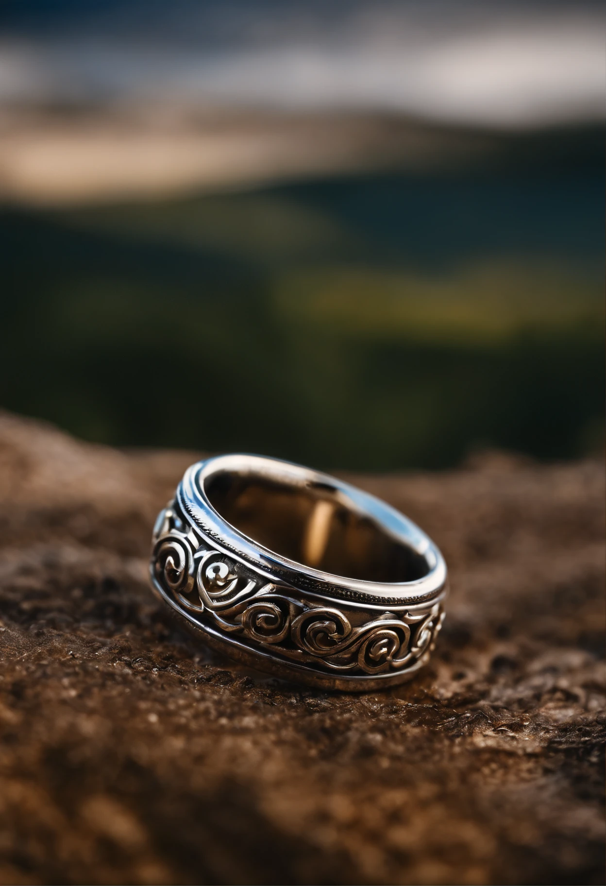 Metal rings），hyper photorealism，Alexander Calder（r，macro shot，reflective lens，spotlight，lord of the ring，Reflection，Openwork engraving，Luxury photography，Wear it on your hand，Local close-up