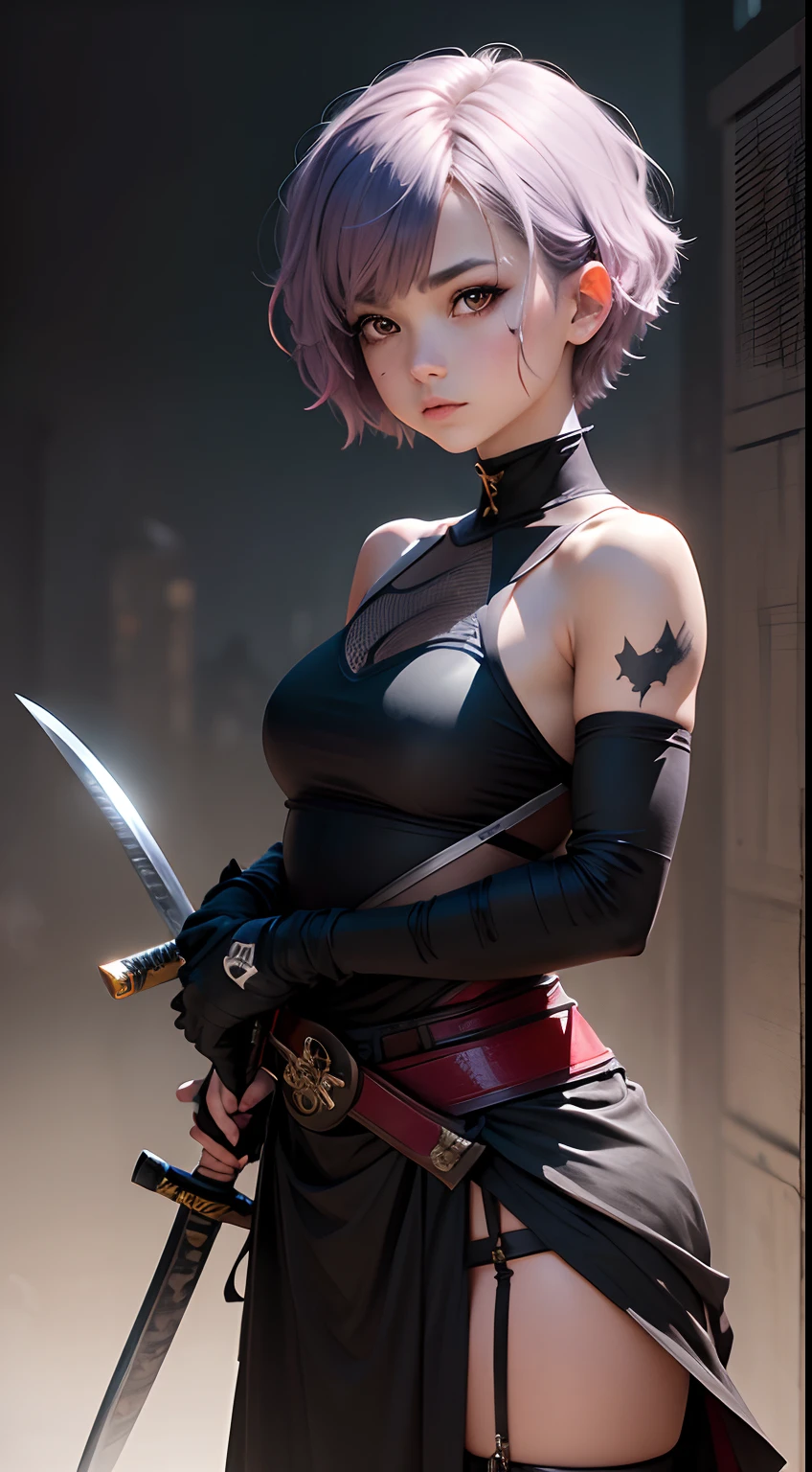 Cute girl portrait, short hair, hair coloured black, Holding a katana, scars on the arms,