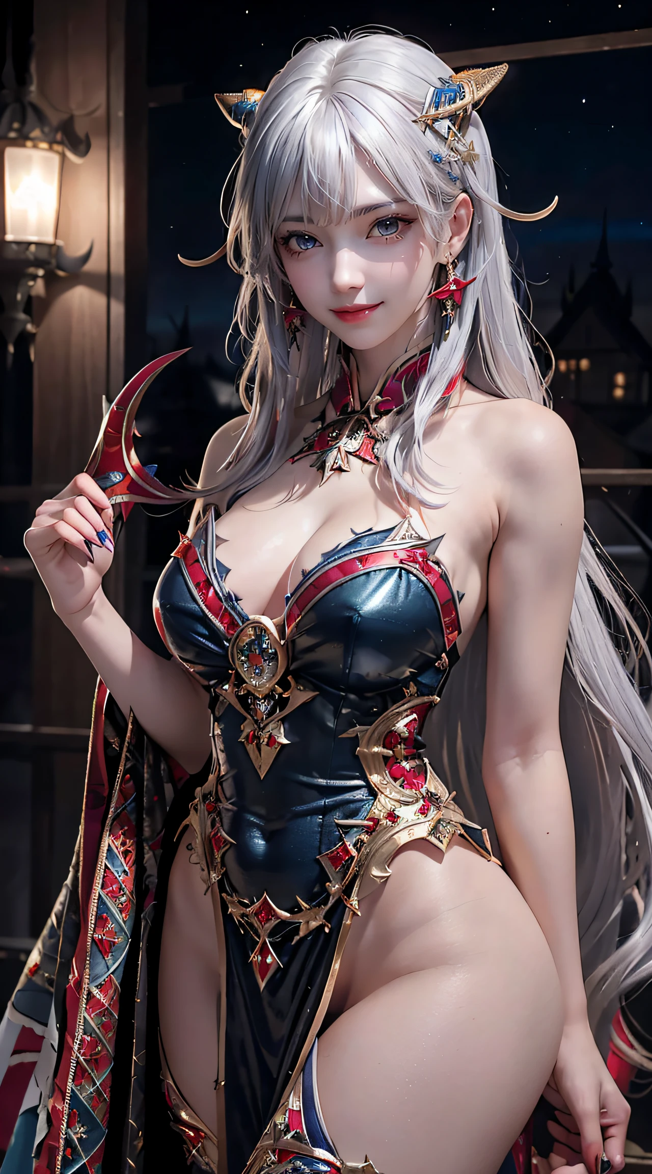 masterpiece, top-quality, top-quality, Beautifully Aesthetic:1.2, 1girl, Halloween night, Wearing a Blue with Silver and Gold devil costume, high detailed, ((Red eyes:1.8)), Standing with hands on waist that sticking out breasts, large breasts, firm breast, nicely shaped breasts, slender figure,
((Gray hair, Red colored inner hair)), wavy hair, (medium long hair:1.2), (asymmetrical bangs:1.2),
in the Halloween party venue at late night, (Cowboy shot:1.1),