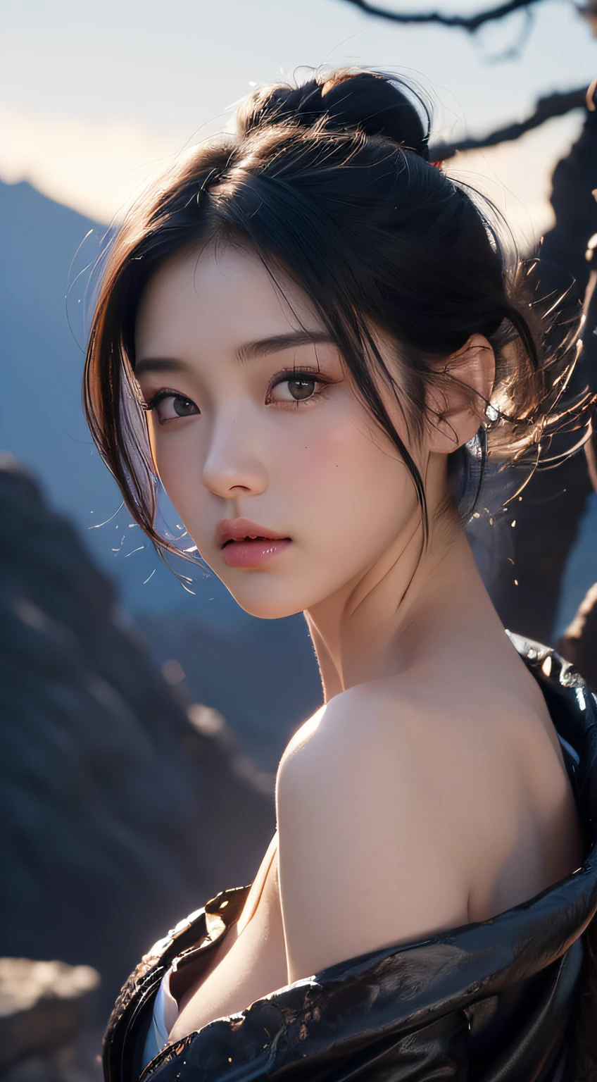 ((Japan fairy tales、folklore、momotarou、1 girl at 20 years old, Body Portrait))、Born from peaches、((Momotaro's costume))、Onigashima、Demon Slaying、((Super Giant Demon、A demon body made of lava))、((Rocky Mountains and Giant Devils、Background of a demon body made of lava))、masutepiece, Best Quality, Portrait of a beautiful goddess girl, beautiful and detailed face, Porcelain Skin, (((bustshot, Center, Night, Black hair, Short hair)), Ultra-soft lighting, symmetry, Complexity, Elegance, high detailing, Realism, Art Book, Concept art,　​masterpiece, top-quality, hightquality, hight resolution、full-body view