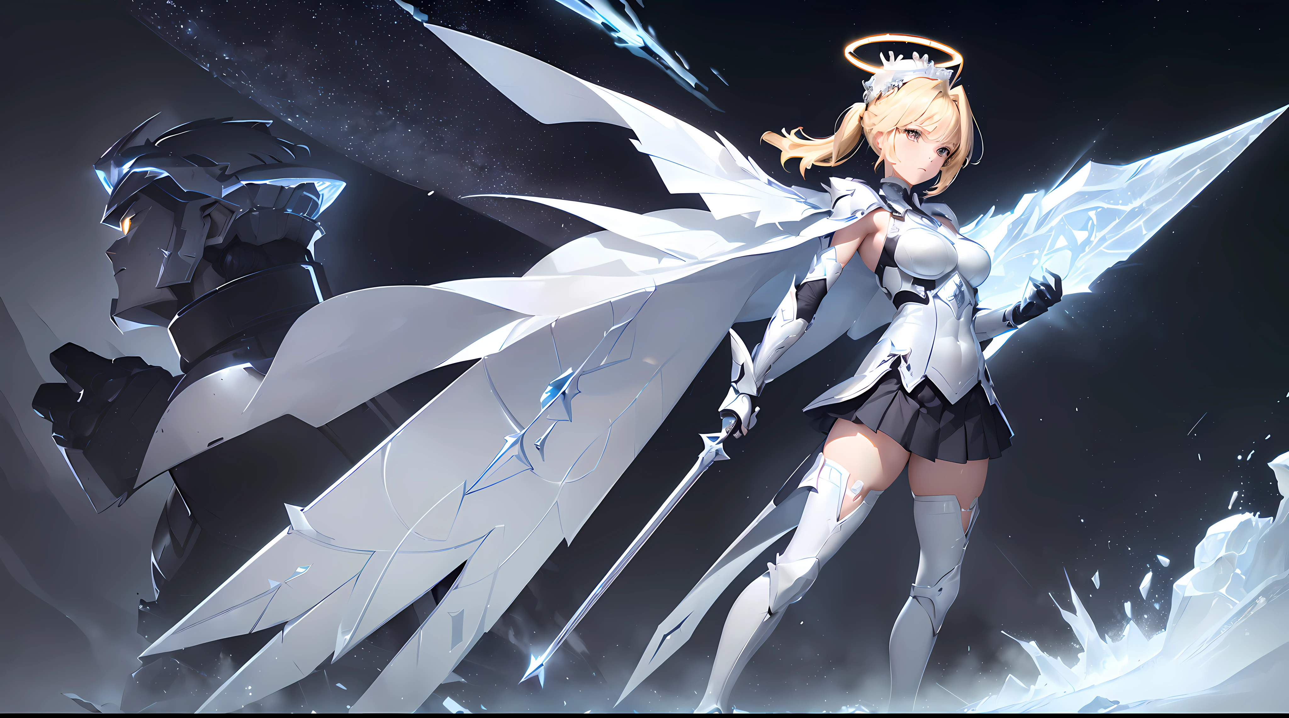 style of anime,Mecha Warlord type,(High-quality characters:1.2),(4K:1.1),(Exquisite facial features:1.2),Glossy face,up-close,(The complexion is very fair:1.3),(sophisticated haircut:1.2),(Blonde waist-length hair,Double ponytail hairstyle:1.3),(Thin leg:1.2),(Small chest Thin waist:1.2),(Small breasts:1.2),(Raised :1:2),(Adult body type:1:2),(1个Giant Breast Girl:1.2),(Shape-shaping textured armor armor:1.3),(Pleated battle skirt:1.3),(White textured over-the-knee heeled boots 1.3),(A long blade of ice hanging from the waist:1.2),(Long gloves in silver steel texture:1.2),(Patterned gloves and waist-length stockings:1.3),(Silver striped wrist and elbow armor and waist armor and shin and knee armor:1.2),(Crown of ice on the head and halo of fire:1.3),(White transparent shoulder armor and battle robe:1.2),(Urban sky background:1.2),(Light wings on the back:1.2),(the sideview:1.2),(Grim expression:1.2),(Open leg movement 1.3),(Best quality at best:1.2),(hight contrast:1.2)