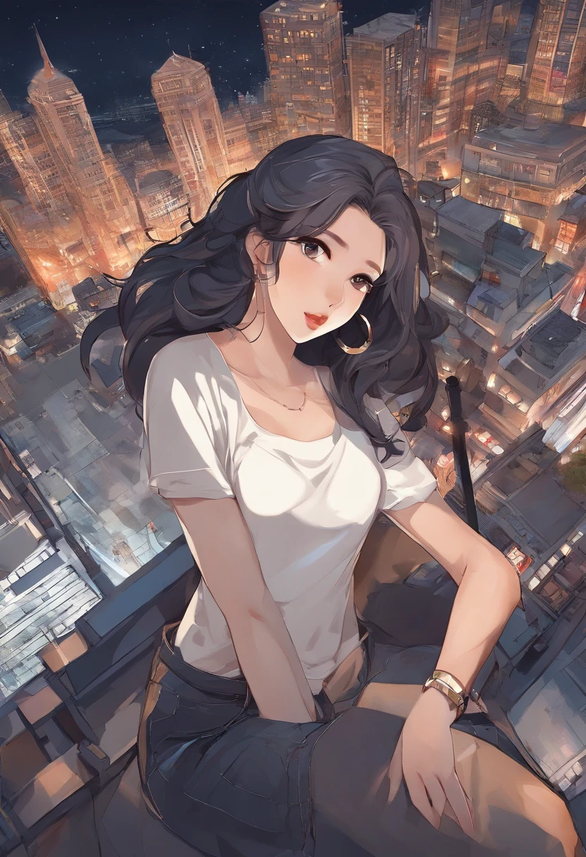 ((Midnight, Best quality, 8k, Masterpiece :1.3)), Whole body, Long legs, Sharp focus :1.2, A pretty woman with perfect figure :1.4, Slender abs :1.1, ((Dark brown hair, Big breasts :1.2)), (White tight tshirt, Jean bib, Standing:1.2), ((Night city view, Rooftop:1.3)), Highly detailed face and skin texture, Detailed eyes, Double eyelid