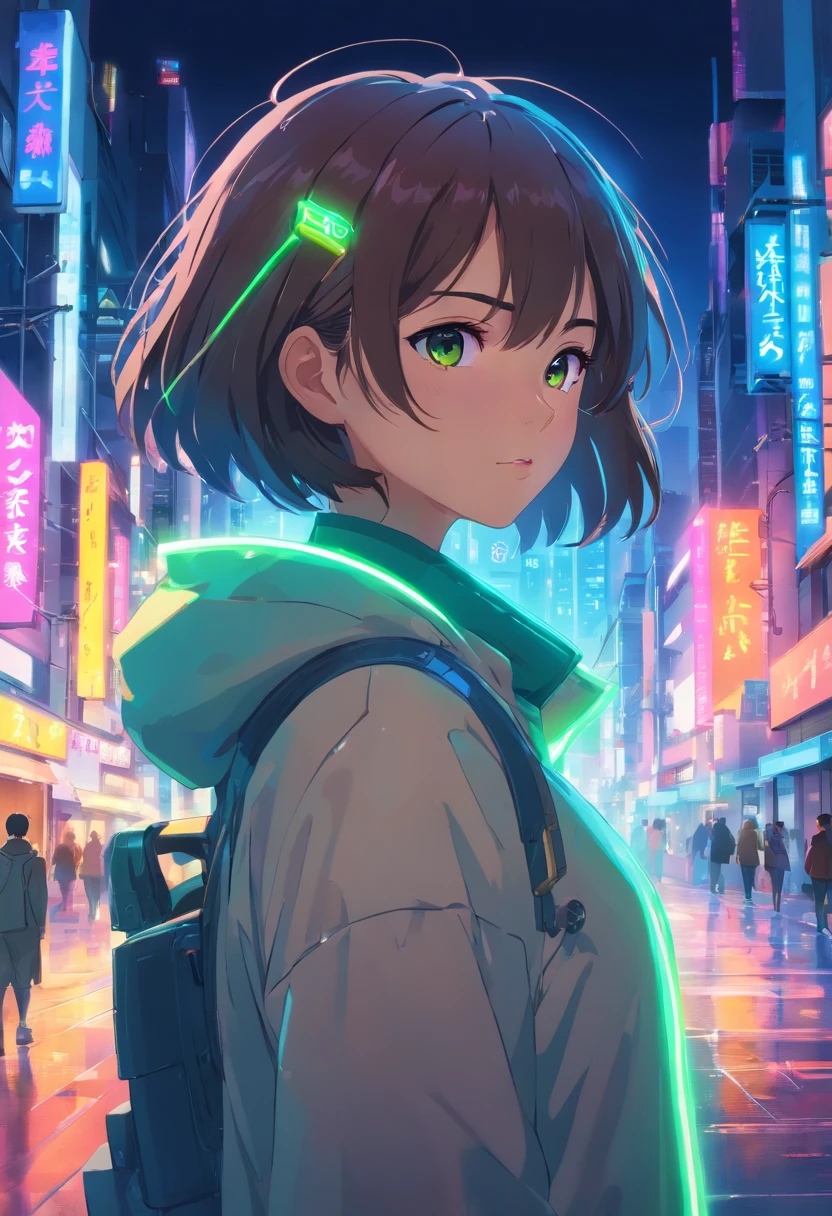 (best quality, movie still, masterpiece:1.2), 1girl, neon background, dystopian, cyberpunk, detailed face and eyes, sexy, futuristic attire, vibrant colors, holographic elements