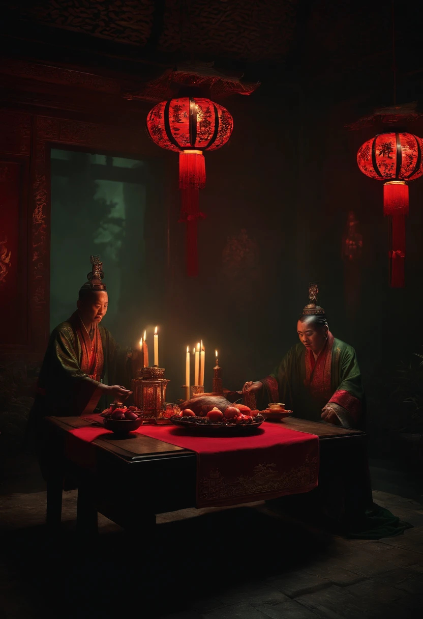 "((Modern horror art,4k画质，Chinese style，masterpiece+ultra-detailed:1.2，best quality)，Chinese hell scenery，It sets off the scene of ghost Taoist priests performing blood sacrifices at the table，Dark green and dark red main tones with candlelight lighting+Shadows create an eerie atmosphere，Highlight the spooky atmosphere)+(CGsociety:1.2)