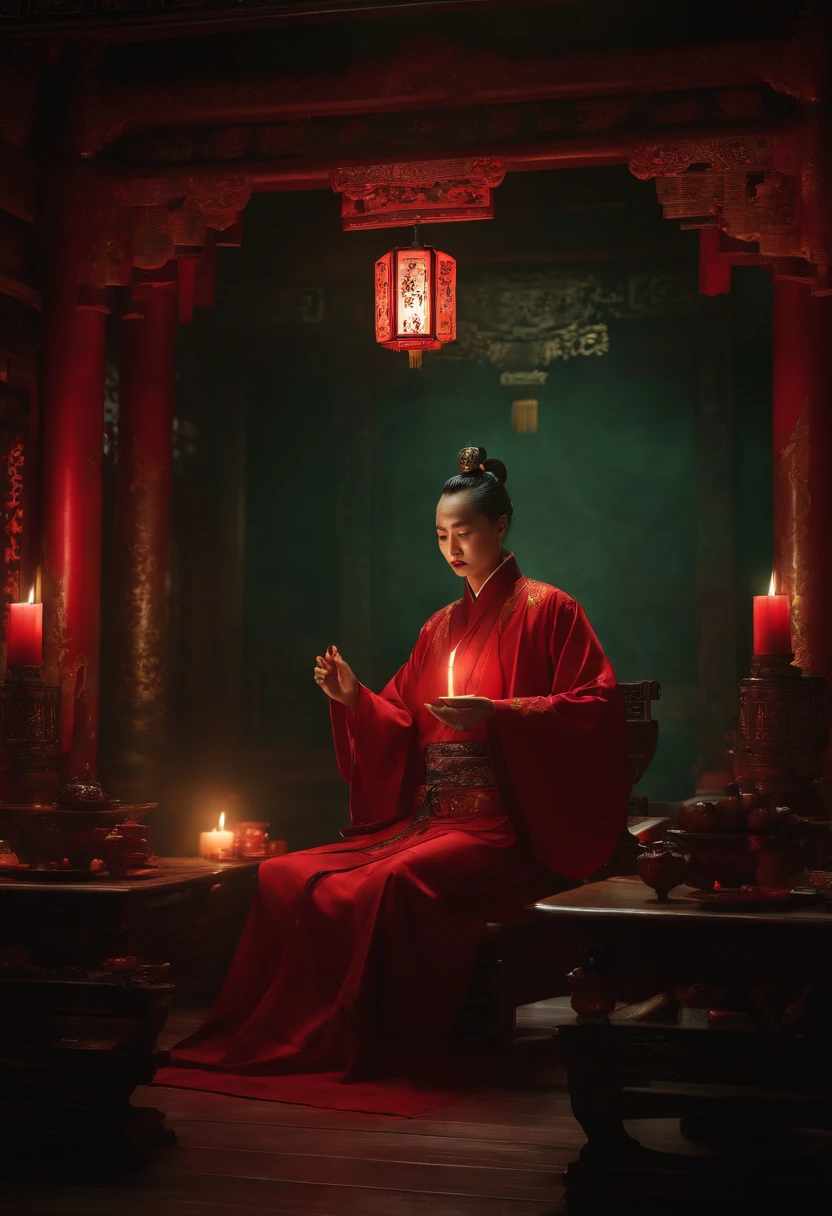 "((Modern horror art,4k画质,Chinese style,masterpiece+ultra-detailed:1.2,best quality),Chinese hell scenery,It sets off the scene of ghost Taoist priests performing blood sacrifices at the table,Dark green and dark red main tones with candlelight lighting+Shadows create an eerie atmosphere,Highlight the spooky atmosphere)+(CGsociety:1.2)