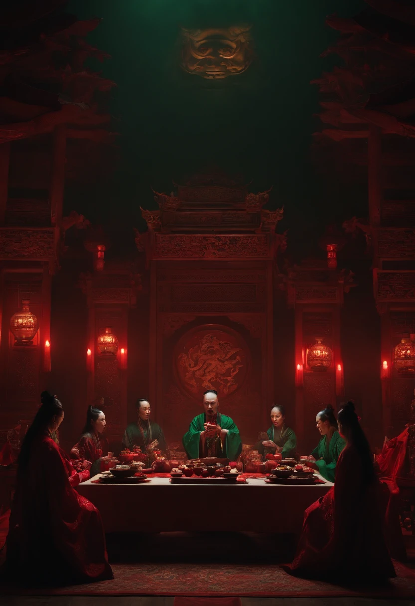 "((Modern horror art,4k画质，Chinese style，masterpiece+ultra-detailed:1.2，best quality)，Chinese hell scenery，It sets off the scene of ghost Taoist priests performing blood sacrifices at the table，Dark green and dark red main tones with candlelight lighting+Shadows create an eerie atmosphere，Highlight the spooky atmosphere)+(CGsociety:1.2)