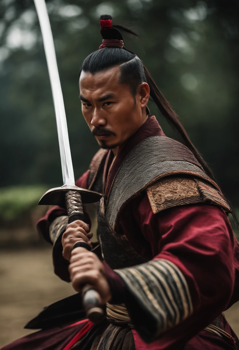 A hmong sword man Crie uma imagem mostrando um guerreiro samurai demonstrando esgrima excepcional, with his blade slicing through an opponent, displaying his unparalleled skill, epics, 8k
