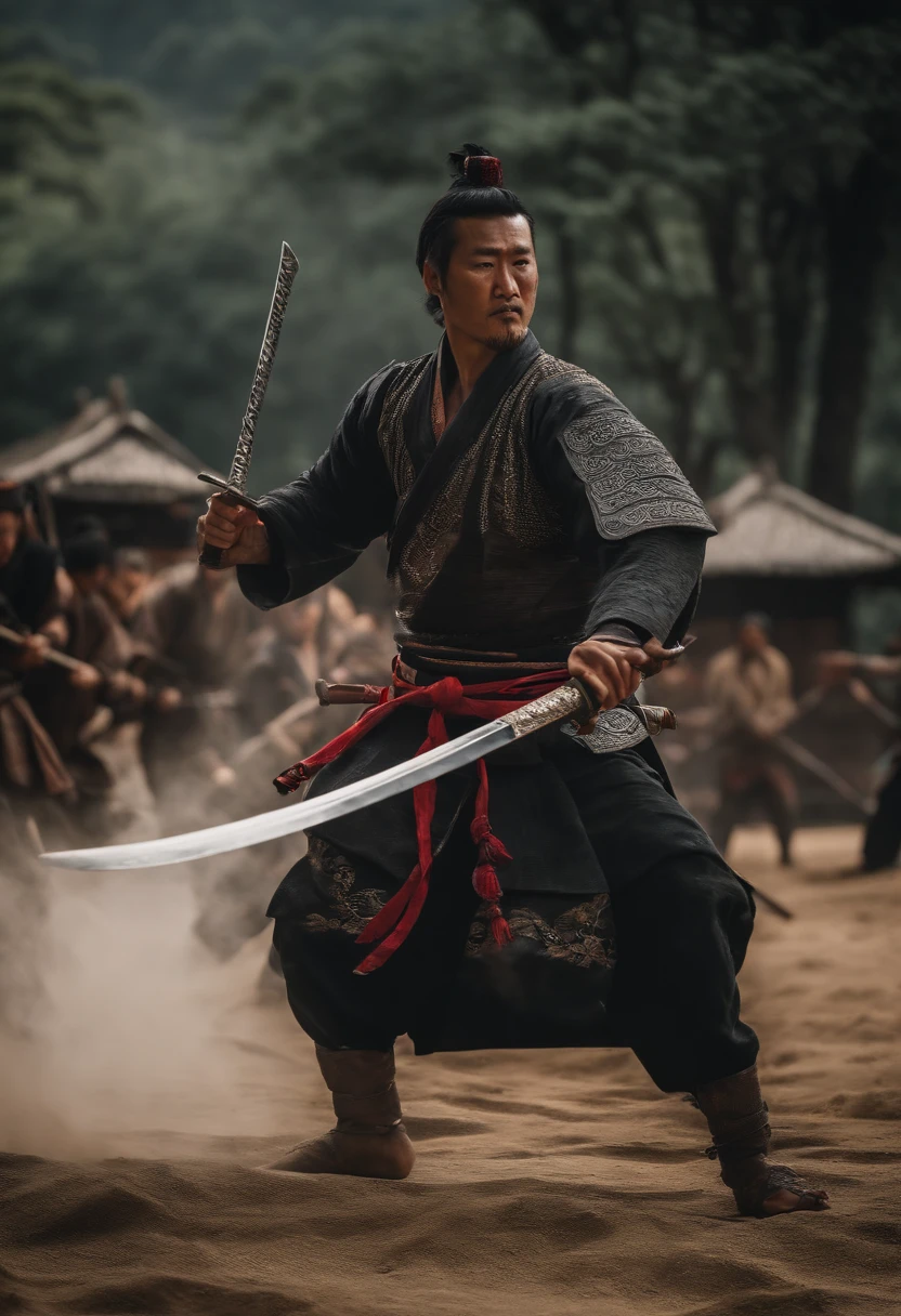 A hmong sword man Crie uma imagem mostrando um guerreiro samurai demonstrando esgrima excepcional, with his blade slicing through an opponent, displaying his unparalleled skill, epics, 8k