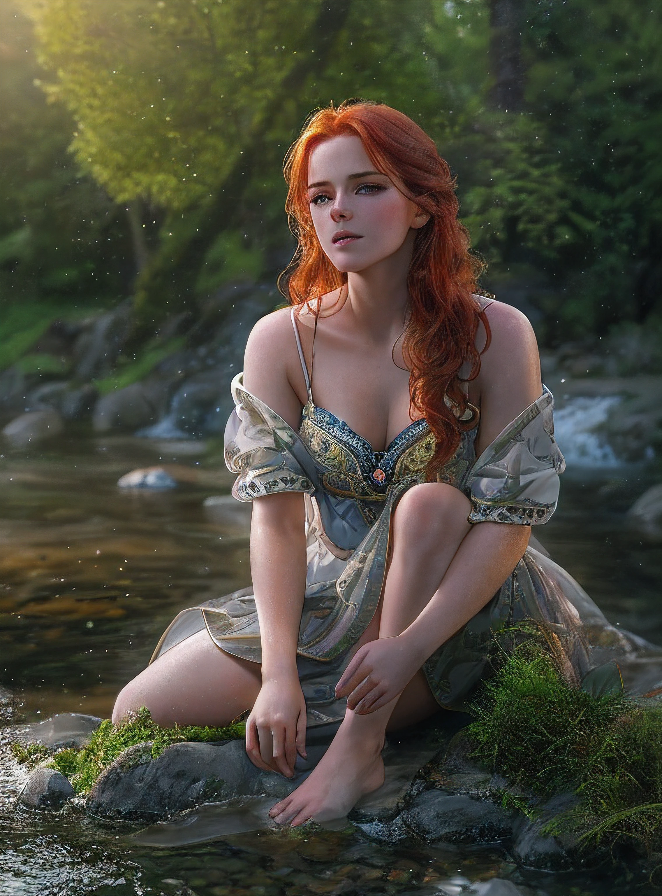 Masterpiece, (((full figure supermodel, full body shot, entire body in frame))), (((magical lighting action shot))) (((beautiful redhead fit pale smiling goddess Scottish woman kneeling in river garden in a park, arms covering flat chest, arms across small chest, arms folded))), (((micro outfit, looking into the camera))) , ((( redhead hair, accurate hands accurate eyes))) moody lighting, very detailed, dramatic lighting, digital art trending on Artstation 8k HD high definition detailed realistic, detailed, skin texture, hyper detailed, realistic skin texture, armature, best quality, ultra high res, (photorealistic:1.4), high resolution, detailed, raw photo, sharp re, nikon d850 film stock photograph 4 kodak portra 400 camera f1.6 lens rich colors hyper realistic lifelike texture dramatic lighting unrealengine trending on artstation cinestill 800, (((accurate female anatomy, perfect eyes))) (((500px, fstoppers, photosight.ru, iso noise))) portrait of beautiful women, looking over spruce forest, moody portrait, striking features, beauty, intricate details, dramatic composition, tension, wispy hair, blue eyes, contrast, texture, realism, high-quality rendering, stunning art, high quality, film grain, Fujifilm XT3, acne, blemishes, detailed skin, freckled