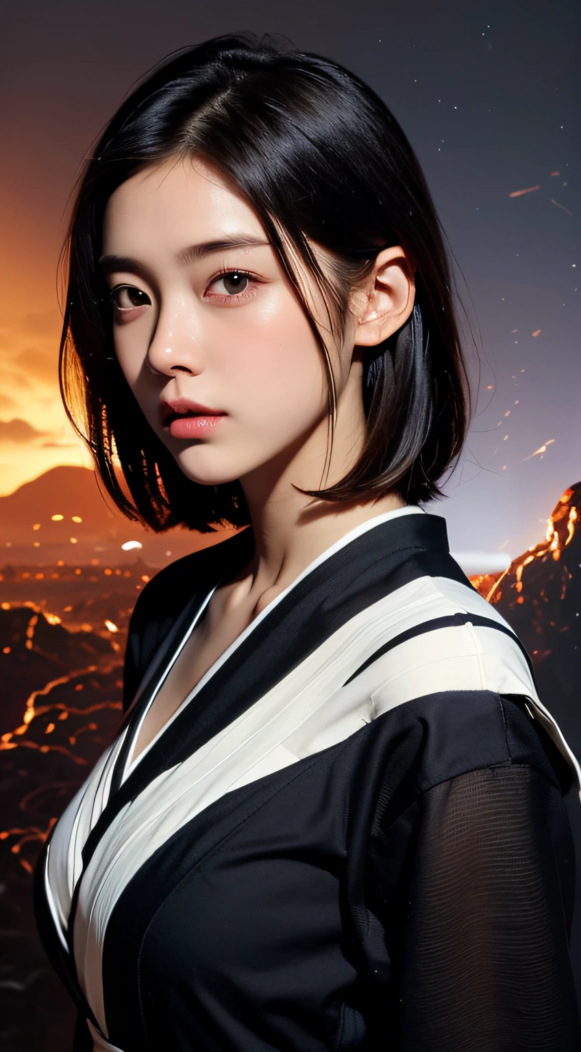 ((Japan fairy tales、folklore、momotarou、1 girl at 20 years old, Body Portrait))、Born from peaches、((Momotaro's costume))、Onigashima、Demon Slaying、((Super Giant Demon、A demon body made of lava))、((Devil body background made of lava))、masutepiece, Best Quality, Portrait of a beautiful goddess girl, beautiful and detailed face, Porcelain Skin, (((bustshot, Center, Night, Black hair, Short hair)), Ultra-soft lighting, symmetry, Complexity, Elegance, high detailing, Realism, Art Book, Concept art, masterpiece, top-quality, hightquality, hight resolution、full-body view