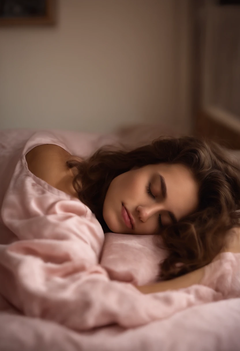 Sleeping girl, 22 years old, realista, Lleva un pijama largo rosa, brown hair,desnuda,ultra realista,maxima calidad.