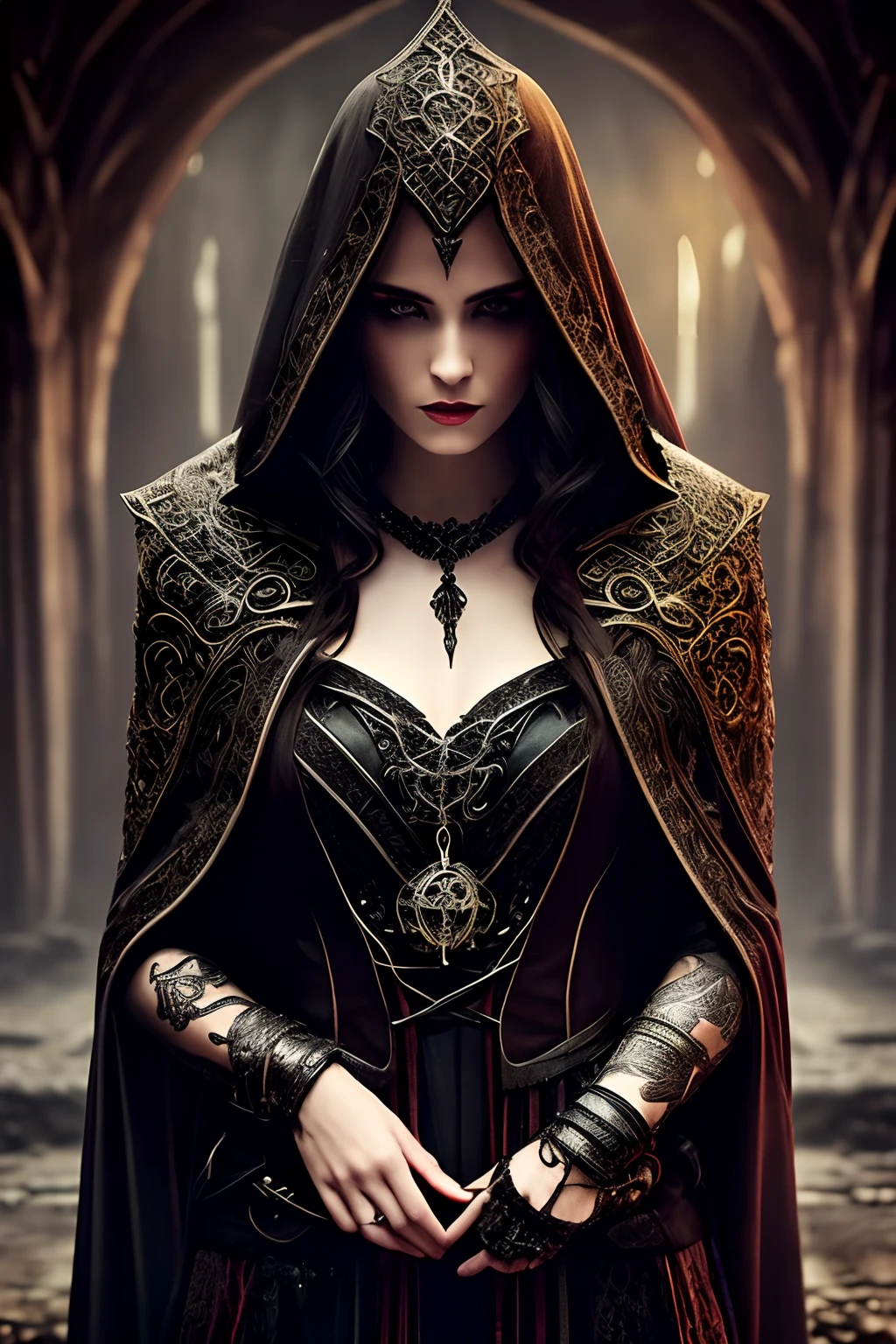 (best quality,ultra-detailed,realistic:1.37),a pale woman with red eyes wearing a black cloak,dark fantasy,rpg,portraits,detailed portrait,dark atmosphere,female character,long dark hair,expressive red eyes,pale skin,mysterious and enigmatic look,dramatic lighting,ominous mood,gothic style,thick black cloak,detailed facial features,pale lips,dark and eerie background,medieval setting,ancient ruins,mystical symbols,magical elements,ethereal glow,dark shadows,sinister ambiance,spellbinding presence,hauntingly beautiful,mysterious aura,high contrast,rich colors,contrasting textures,supernatural theme,enchanted scenery,otherworldly charm,foreboding presence,dramatic composition,heroic and epic feel,adventure,quest,intense gaze.