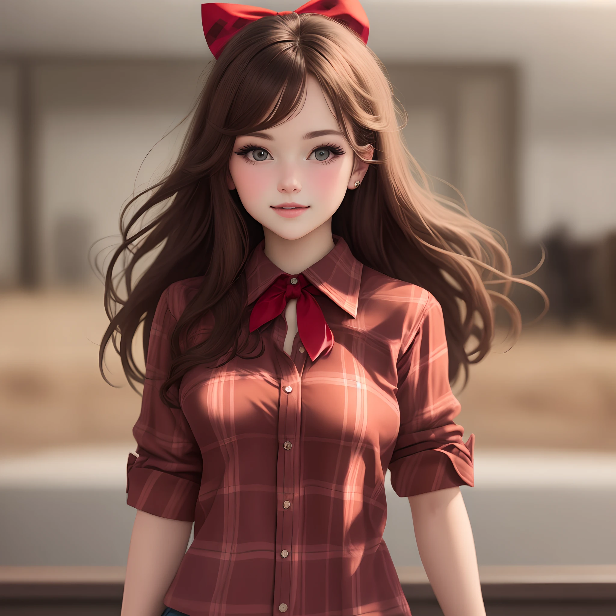 brunette cowgirl in red plaid shirt with red bow in hair