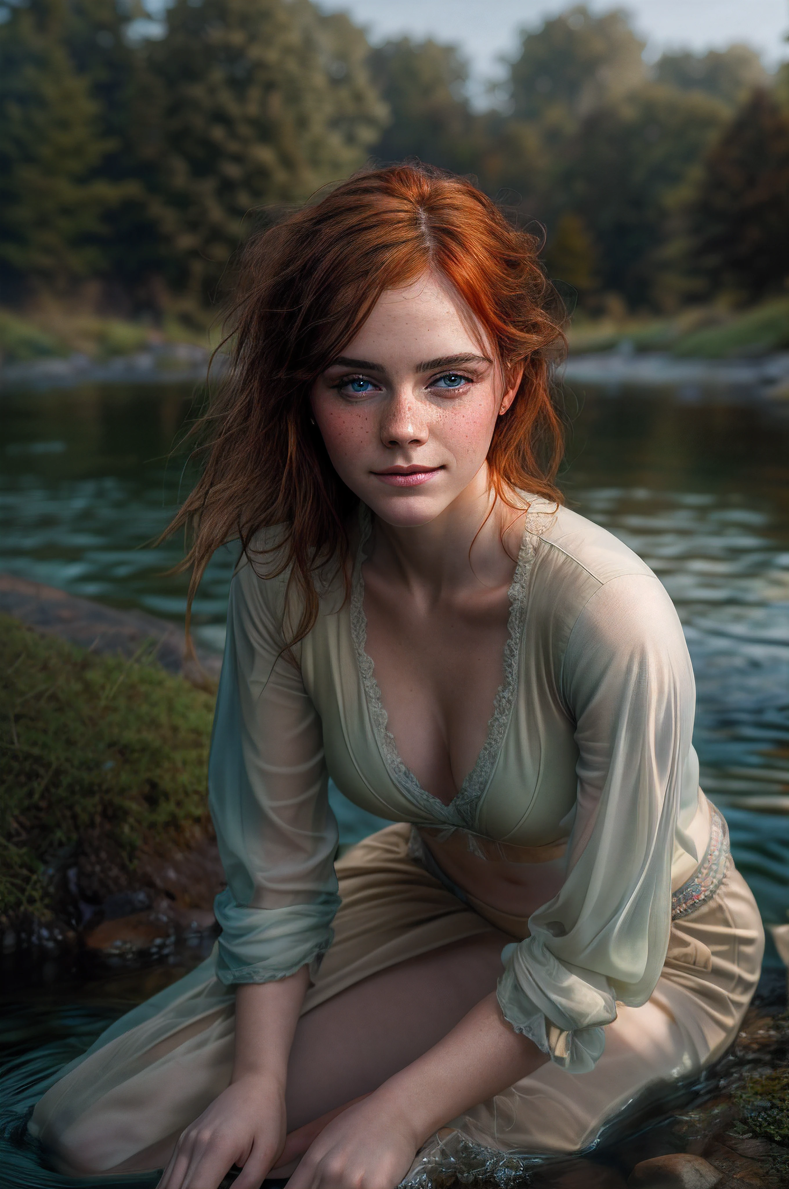 Masterpiece, (((full figure supermodel, full body shot, entire body in frame))), (((magical lighting action shot))) (((beautiful redhead fit pale smiling goddess Scottish woman kneeling in river garden in a park, arms covering flat chest, arms across small chest, arms folded))), (((micro outfit, looking into the camera))) , ((( redhead hair, accurate hands accurate eyes))) moody lighting, very detailed, dramatic lighting, digital art trending on Artstation 8k HD high definition detailed realistic, detailed, skin texture, hyper detailed, realistic skin texture, armature, best quality, ultra high res, (photorealistic:1.4), high resolution, detailed, raw photo, sharp re, nikon d850 film stock photograph 4 kodak portra 400 camera f1.6 lens rich colors hyper realistic lifelike texture dramatic lighting unrealengine trending on artstation cinestill 800, (((accurate female anatomy, perfect eyes))) (((500px, fstoppers, photosight.ru, iso noise))) portrait of beautiful women, looking over spruce forest, moody portrait, striking features, beauty, intricate details, dramatic composition, tension, wispy hair, blue eyes, contrast, texture, realism, high-quality rendering, stunning art, high quality, film grain, Fujifilm XT3, acne, blemishes, detailed skin, freckled