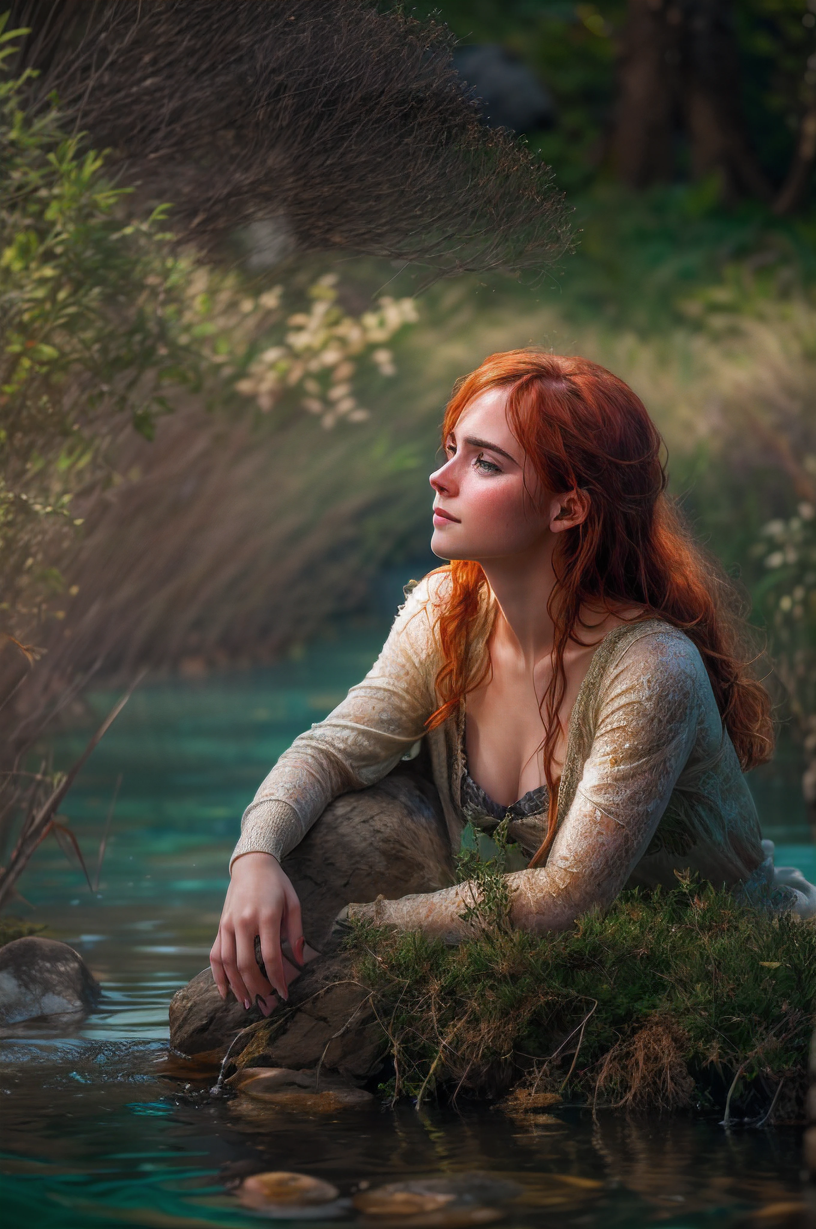 Masterpiece, (((full figure supermodel, full body shot, entire body in frame))), (((magical lighting action shot))) (((beautiful redhead fit pale smiling goddess Scottish woman kneeling in river garden in a park, arms covering flat chest, arms across small chest, arms folded))), (((micro outfit, looking into the camera))) , ((( redhead hair, accurate hands accurate eyes))) moody lighting, very detailed, dramatic lighting, digital art trending on Artstation 8k HD high definition detailed realistic, detailed, skin texture, hyper detailed, realistic skin texture, armature, best quality, ultra high res, (photorealistic:1.4), high resolution, detailed, raw photo, sharp re, nikon d850 film stock photograph 4 kodak portra 400 camera f1.6 lens rich colors hyper realistic lifelike texture dramatic lighting unrealengine trending on artstation cinestill 800, (((accurate female anatomy, perfect eyes))) (((500px, fstoppers, photosight.ru, iso noise))) portrait of beautiful women, looking over spruce forest, moody portrait, striking features, beauty, intricate details, dramatic composition, tension, wispy hair, blue eyes, contrast, texture, realism, high-quality rendering, stunning art, high quality, film grain, Fujifilm XT3, acne, blemishes, detailed skin, freckled