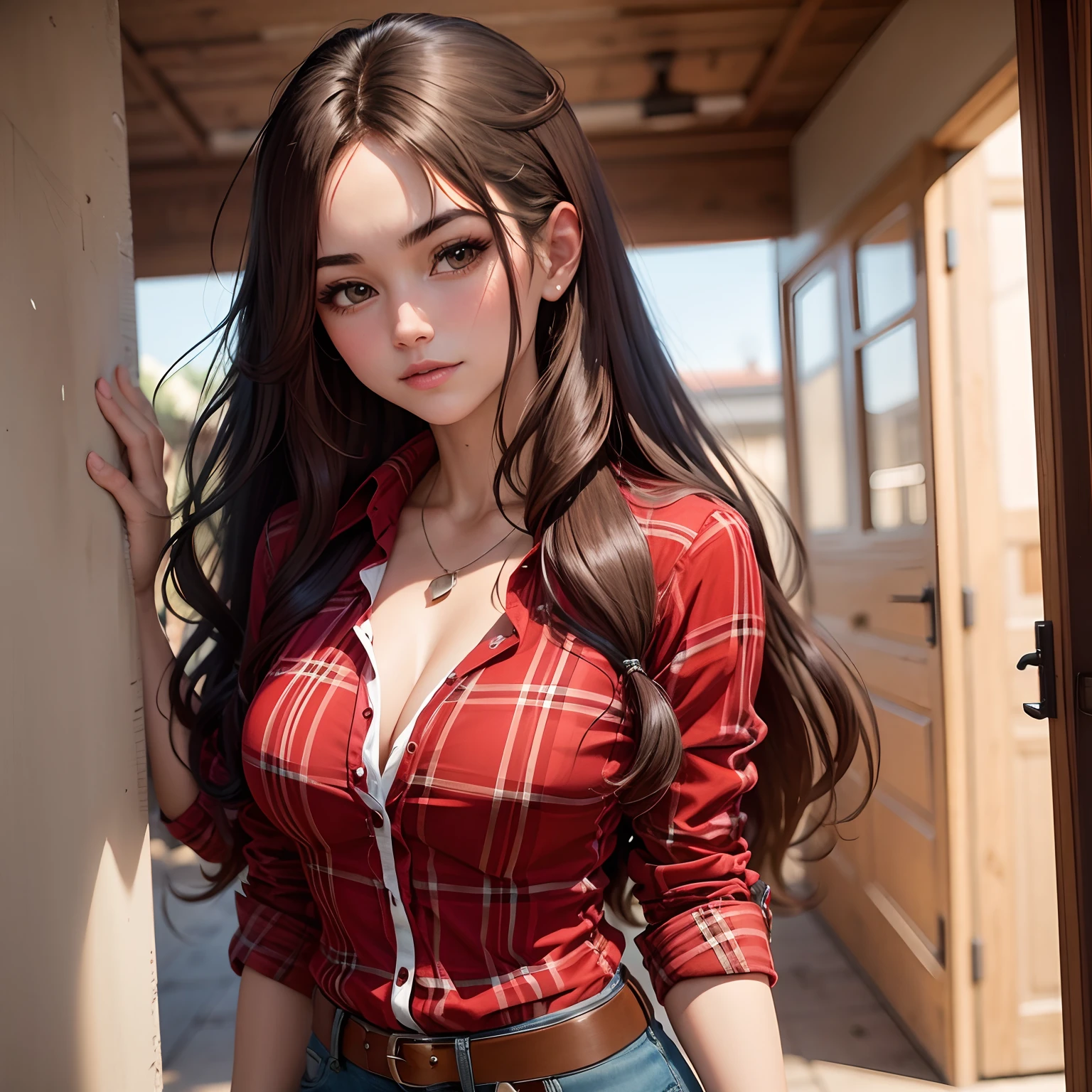 Long hair brunette cowgirl in red and black plaid shirt