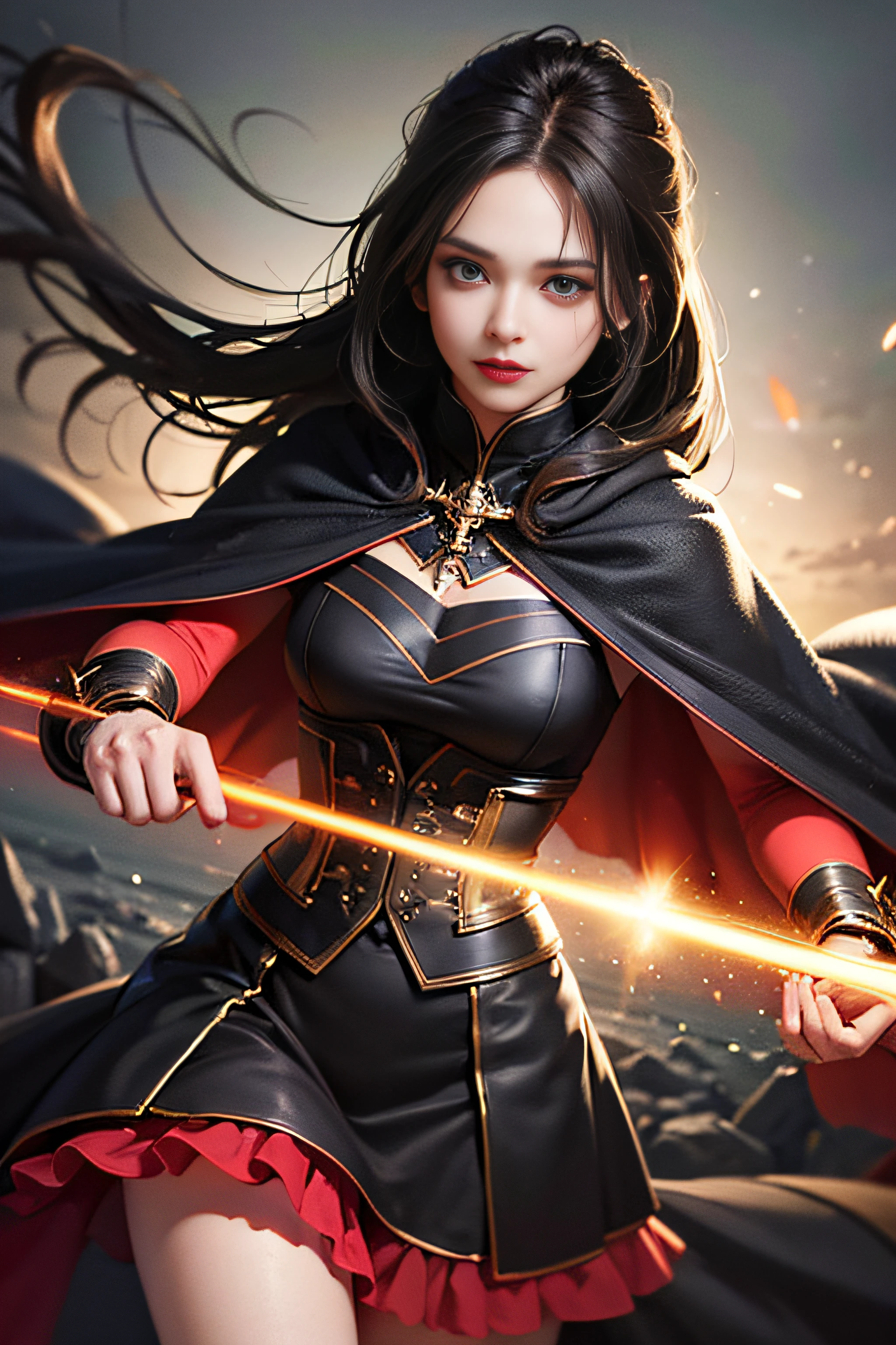 (skindentation:1.5), Realistic, Photorealistic, (masterpiece:1.5), concept art, intricate details, highly detailed, photorealistic, octane render, 8k, unreal engine, dynamic pose, best quality, highres, (realistic face:1.1), (hyperrealistic:1.1), ((full_body)), perfect eyes,(shiny skin:1.2), (((hairstyle))), (((perfect hands))), (extremely detailed background), ((dynamic background)), ((lightning)), (light rays), ((1girl)), wearing cloak, (((flowing cloak))), ((detailed eyes, high quality eyes, high quality face)), (extremely intricate robes, magical robes), long black hair, casting lightning, electricity, swirling fire, radiating power, sparks, smoke, magic, ((dramatic)), epic, battlefield, depth of field, bokeh, 4k, gothic, ember, particles, black and red long skirt, running action