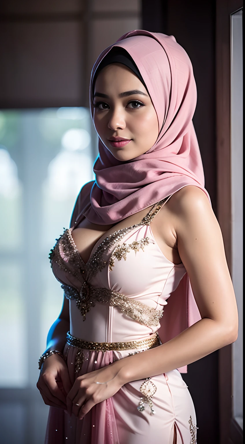 1 malay girl , modern plain hijab, shy, medium portrait shot , watery eyes , light glowing particles, wearmodern Indonesian bridal kebaya dresses, big breast, pink light bokeh background, proportional body,