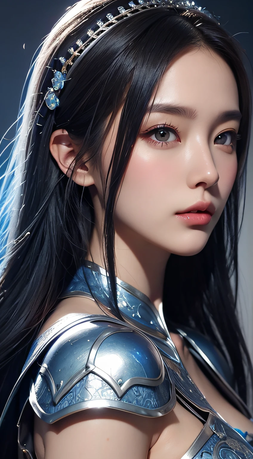 Close up portrait of woman in silver and blue dress, chengwei pan on artstation, by Yang J, detailed fantasy art, Stunning character art, fanart best artstation, epic exquisite character art, Beautiful armor, very detailed Artgerm, Detailed Digital Anime Art, ArtGerm on ArtStation Pixiv, armor girl