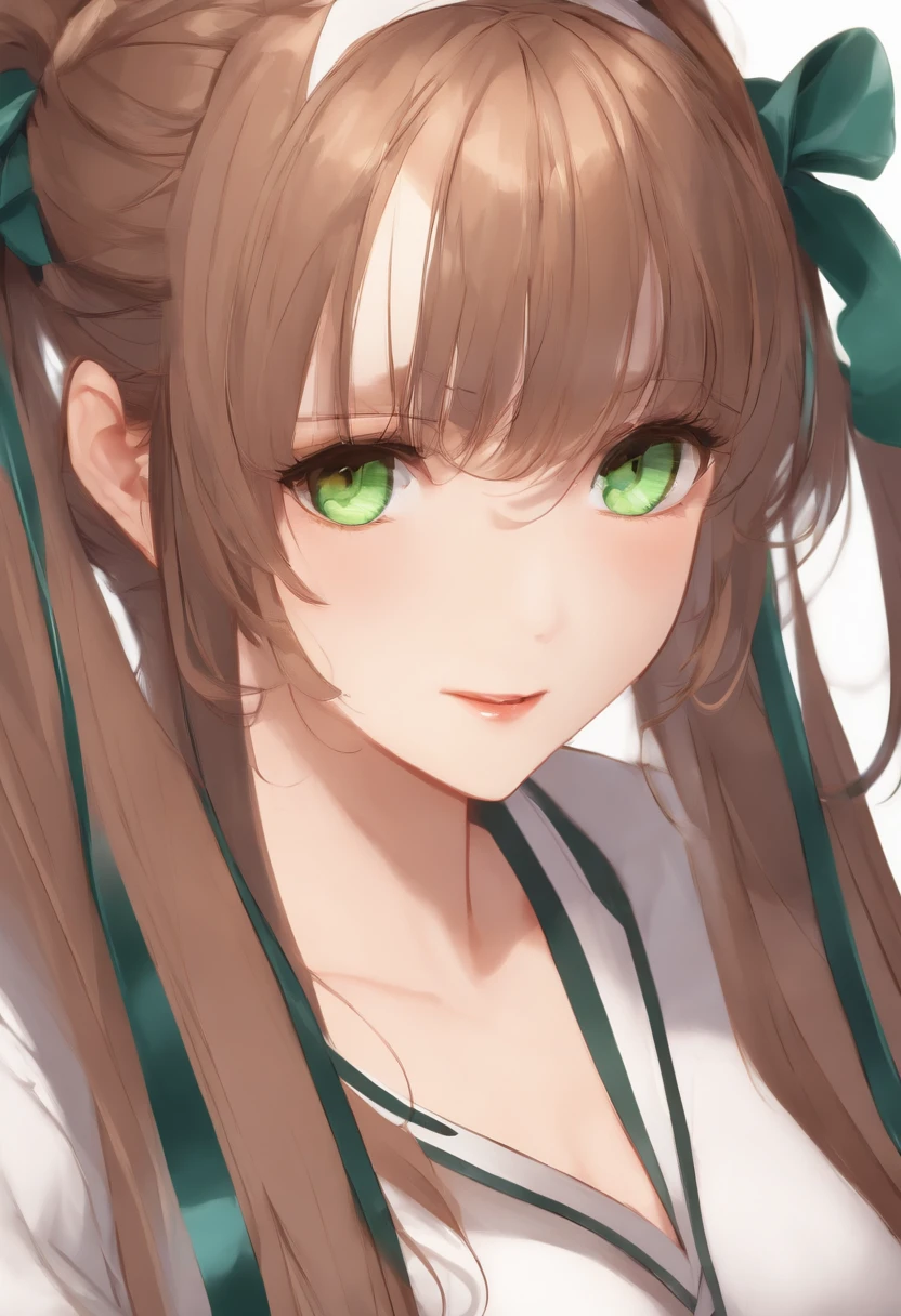(masterpiece), best quality, expressive eyes, perfect face, monika, green eyes, brown hair, very long hair, ponytail, hair ribbon, white ribbon, monika,