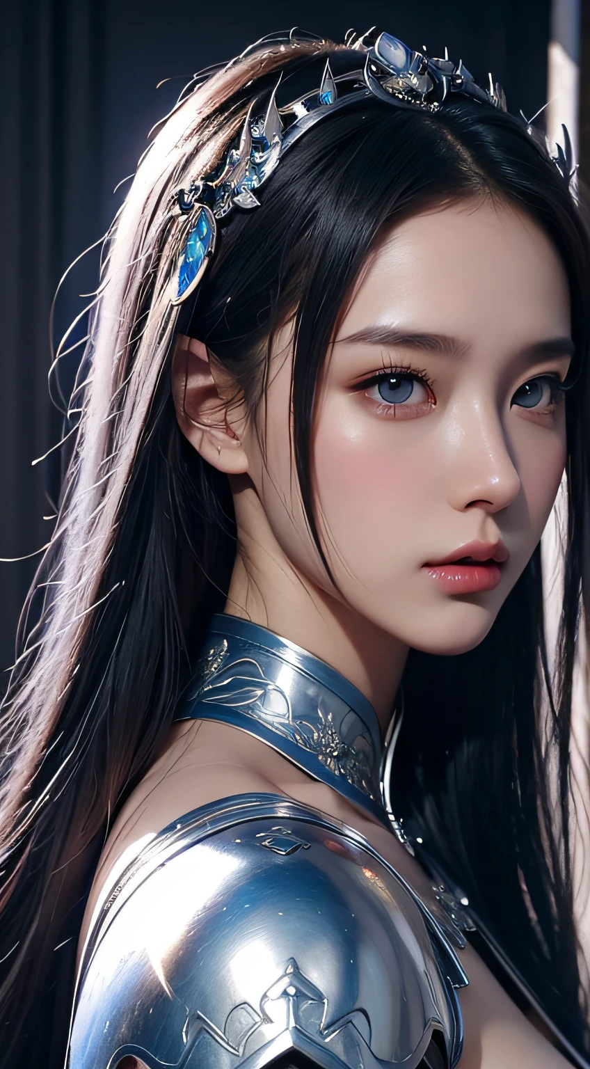 Body portrait of woman in silver and blue dress、chengwei pan on artstation, by Yang J, detailed fantasy art, Stunning character art, fanart best artstation, epic exquisite character art, Beautiful armor, Very detailed ArtGerm, Detailed Digital Anime Art, ArtGerm on ArtStation Pixiv, armor girl、Body Portrait