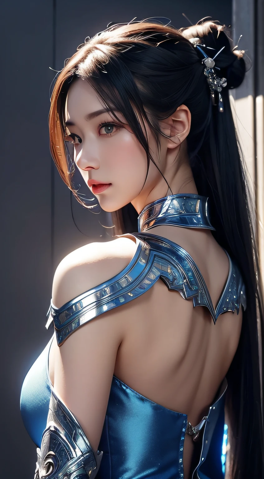Body portrait of woman in silver and blue dress、chengwei pan on artstation, by Yang J, detailed fantasy art, Stunning character art, fanart best artstation, epic exquisite character art, Beautiful armor, Very detailed ArtGerm, Detailed Digital Anime Art, ArtGerm on ArtStation Pixiv, armor girl、Body Portrait