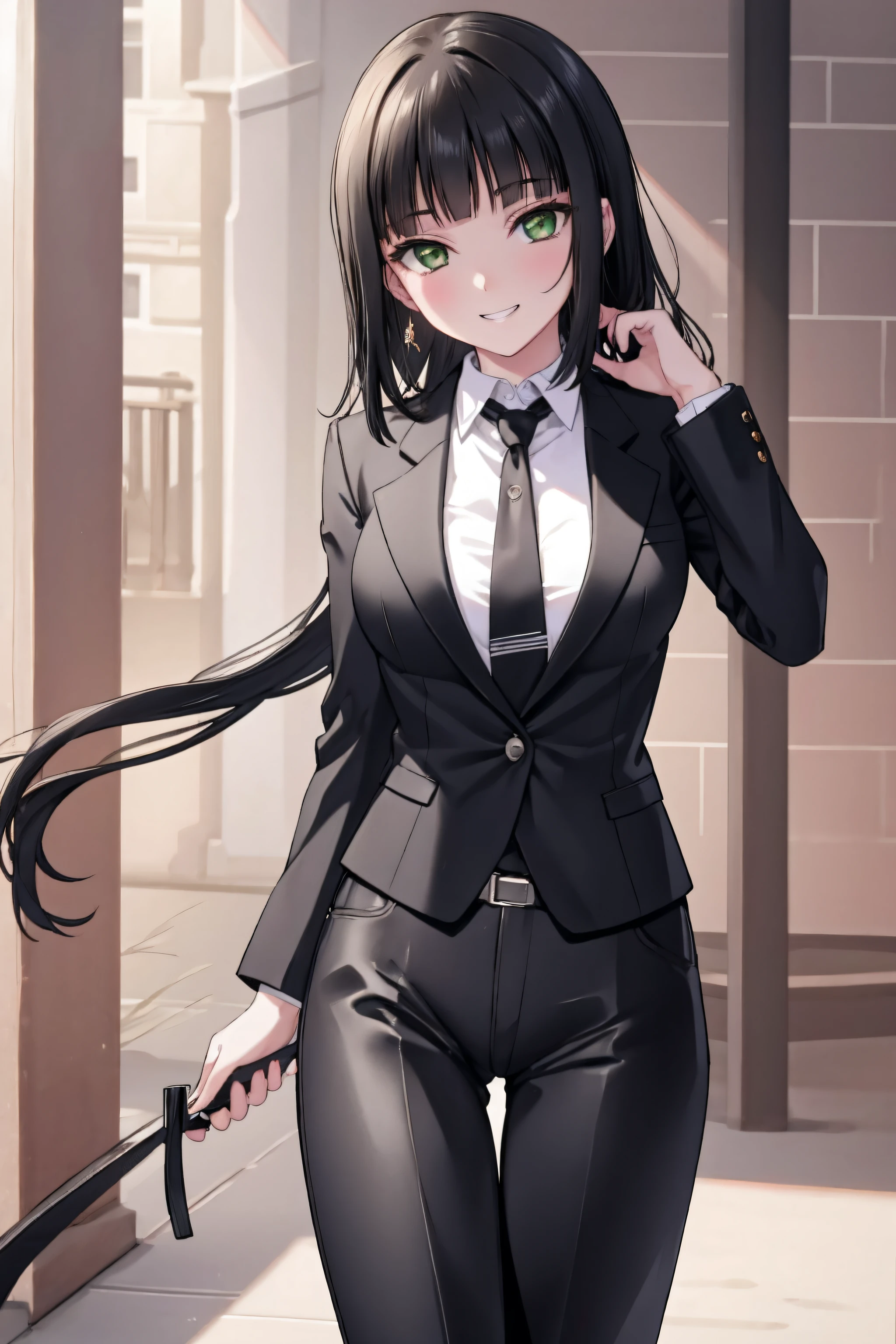 , crotchless pants, 1girl, dia kurosawa, black hair, (green eyes:1.5) , shirt, breasts, white gloves,looking at viewer,  black pants,  smile, black necktie, suit,  formal, jacket, large breasts, wine, heart,  black jacket, black panties, collared shirt, long sleeves, , blunt bangs,  business suit, simple background, black tail, cowboy shot, grin,NSFW,official art,extremely detailed CG unity 8k wallpaper, perfect lighting,Colorful, Bright_Front_face_Lighting, (masterpiece:1.0),(best_quality:1.0), ultra high res,4K,ultra-detailed, photography, 8K, HDR, highres, absurdres:1.2, Kodak portra 400, film grain, blurry background, bokeh:1.2, lens flare, (vibrant_color:1.2) (Beautiful,medium_Breasts:1.4), (beautiful_face:1.5),(narrow_waist),(perfect hands, perfect anatomy)