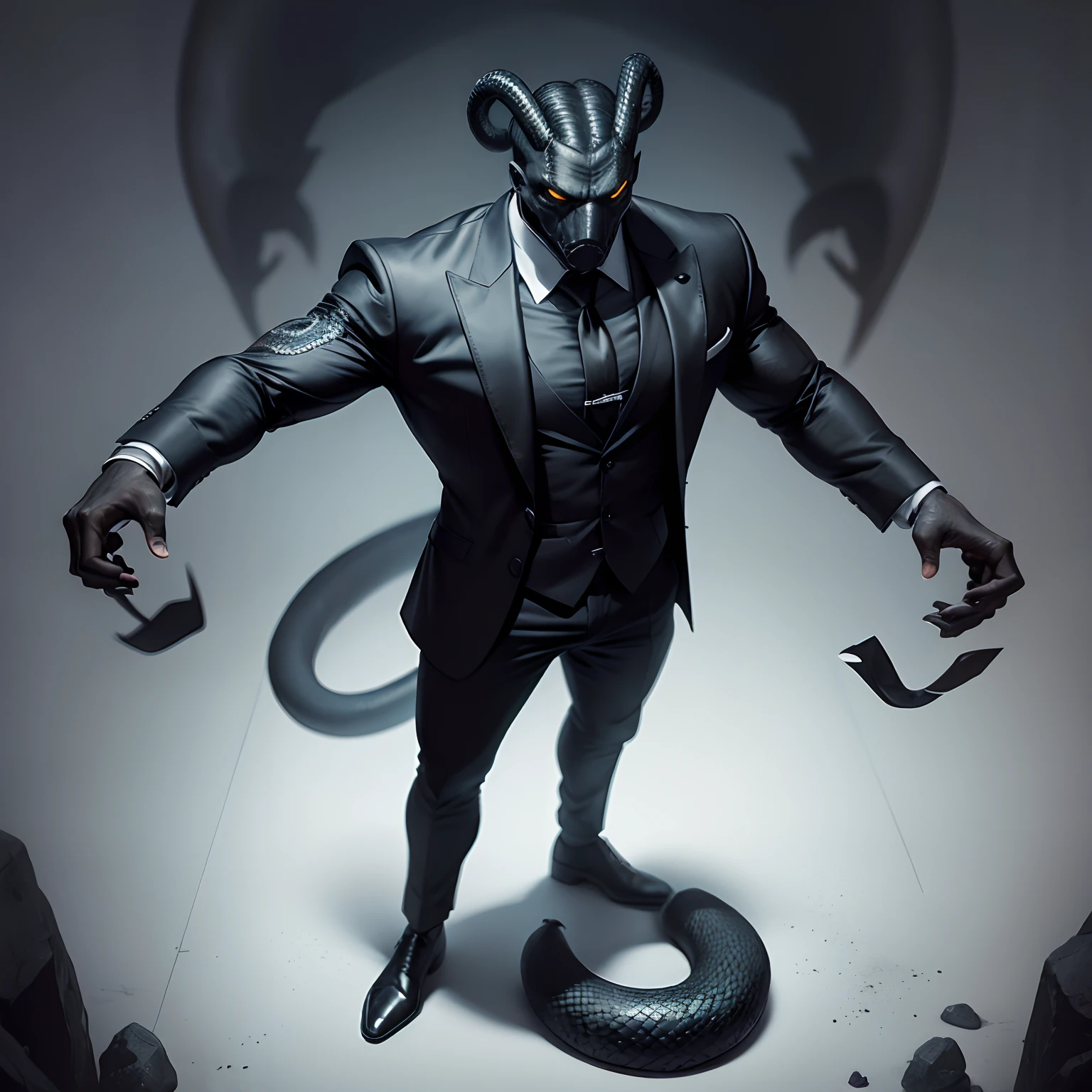 Humanoid snake muscled , with a snake's head black with a tail with 2 huge arms , in suit with a tie , full body