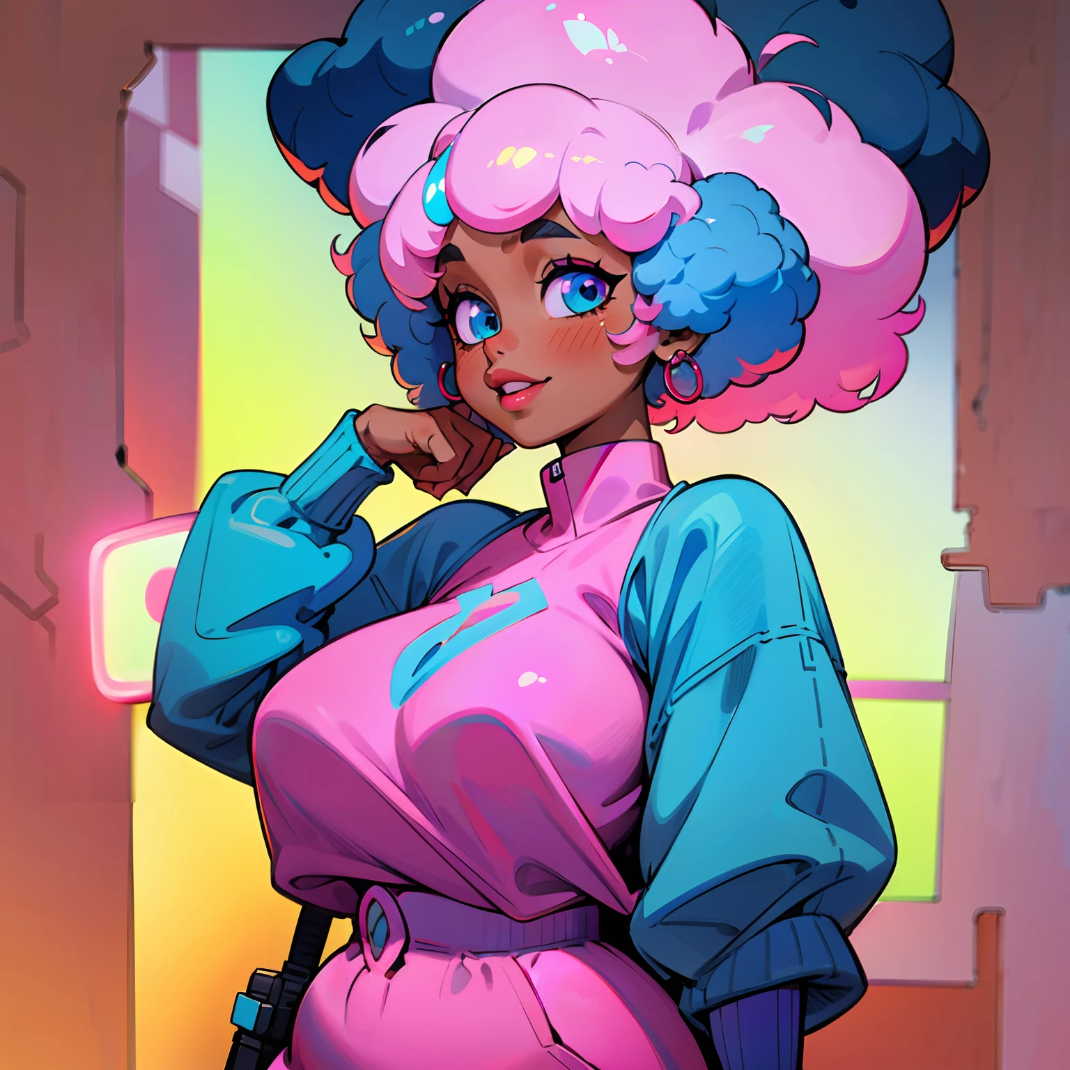 ((solo)), black girl, brown skin, pink afro hair, neon blue eyes, blue lipkstick, thick lips, gentle smile, cute clothes, plump body, blue sweater, half body framing