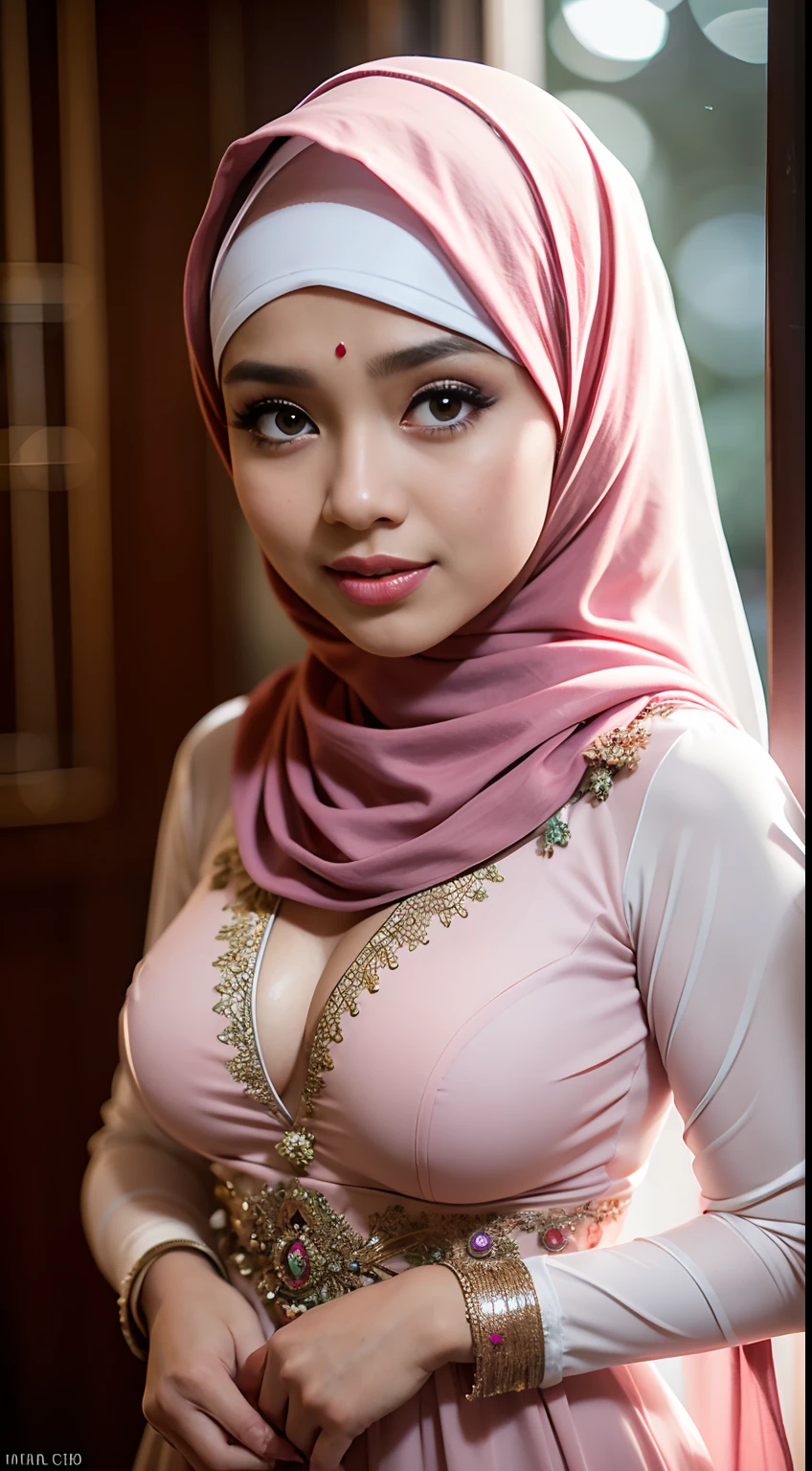 1 malay girl , modern plain hijab,  shy, medium portrait shot , watery  eyes , light glowing particles, wearmodern Indonesian bridal kebaya dresses,  big breast, pink light bokeh background, proportional body,